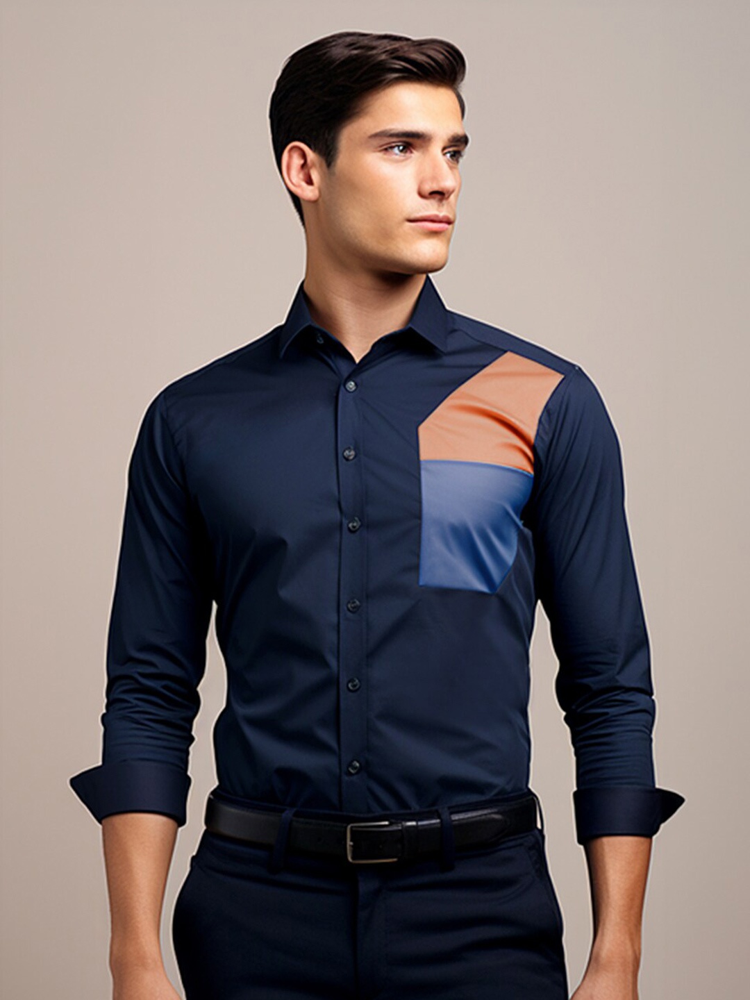 HE SPOKE Smart Colourblocked Spread Collar Curved Cotton Tailored Fit Formal Shirt, Navy blue
HE SPOKE Smart Colourblocked Spread Collar Curved Cotton Tailored Fit Formal Shirt, Navy blue