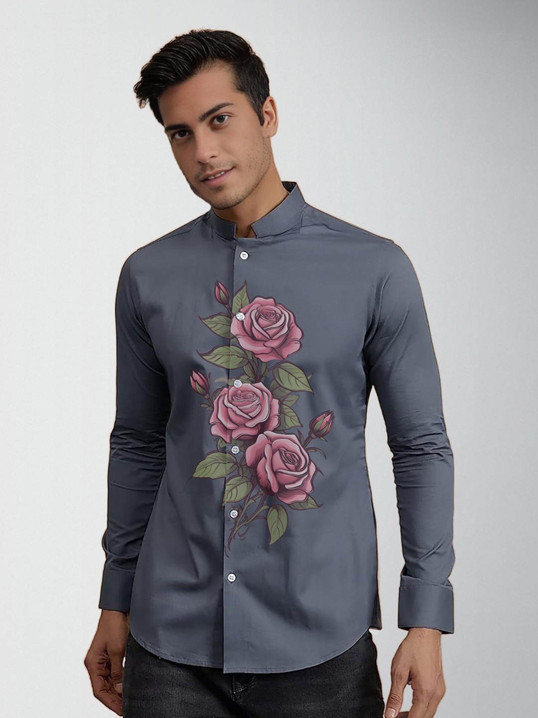 HE SPOKE Smart Floral Printed Band Collar Curved Cotton Tailored Fit Formal Shirt, Grey
HE SPOKE Smart Floral Printed Band Collar Curved Cotton Tailored Fit Formal Shirt, Grey