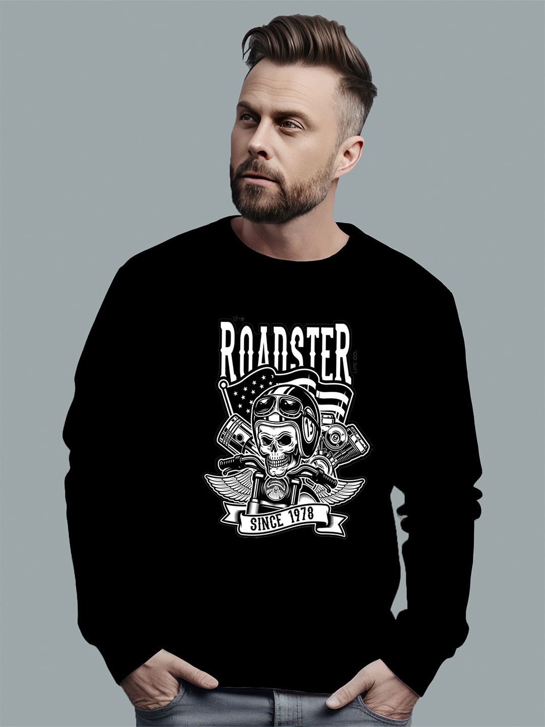 The Roadster Lifestyle Co. Graphic Printed Long Sleeves Pure Cotton Pullover Sweatshirt, Black
The Roadster Lifestyle Co. Graphic Printed Long Sleeves Pure Cotton Pullover Sweatshirt, Black