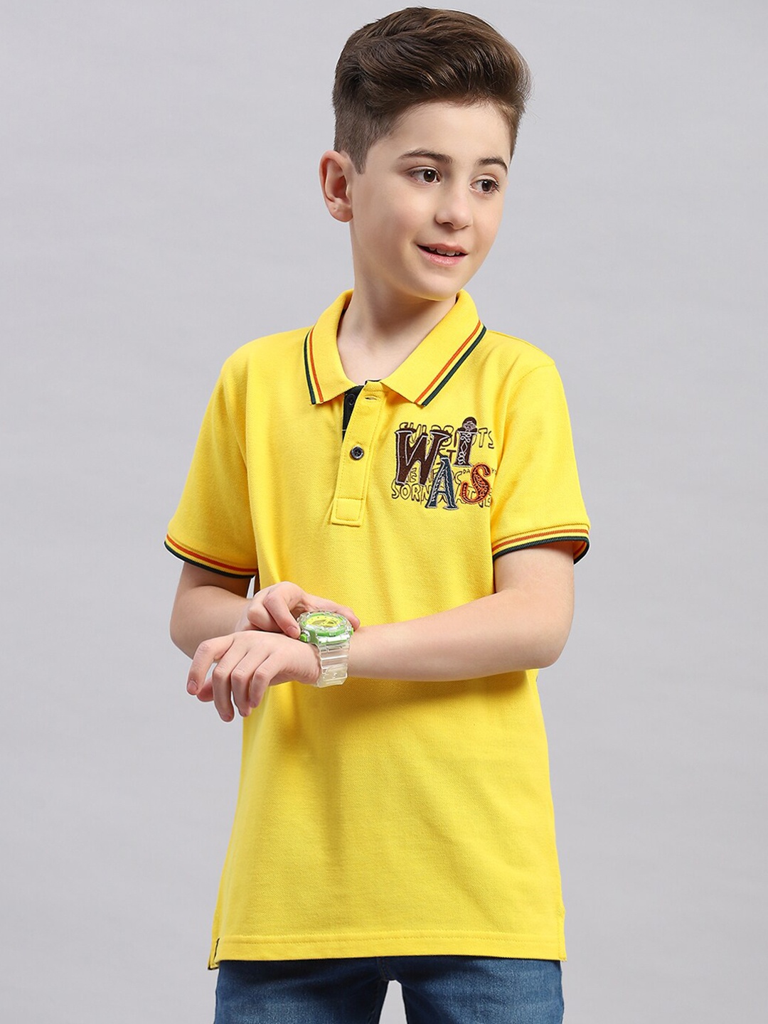 Monte Carlo Boys Polo Collar Short Sleeves Typography Printed Regular Fit Cotton T-shirt, Yellow
Monte Carlo Boys Polo Collar Short Sleeves Typography Printed Regular Fit Cotton T-shirt, Yellow