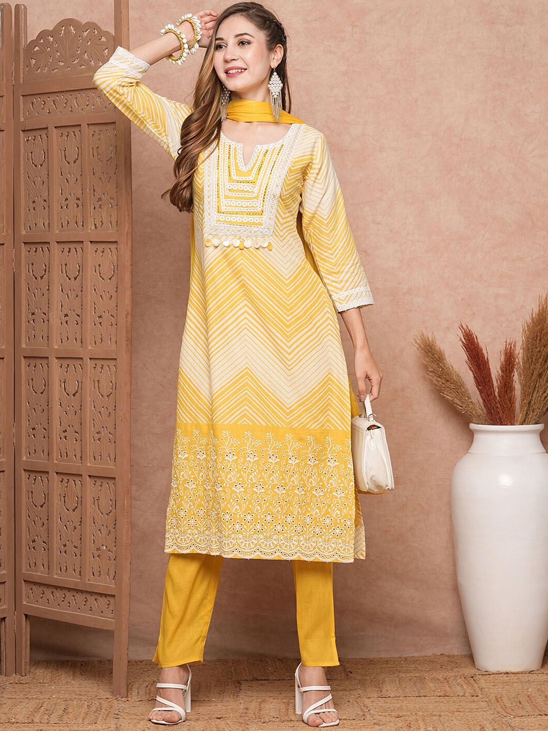 FASHOR Chevron Printed Thread Work Pure Cotton Straight Kurta With Trouser & Dupatta, Yellow
FASHOR Chevron Printed Thread Work Pure Cotton Straight Kurta With Trouser & Dupatta, Yellow