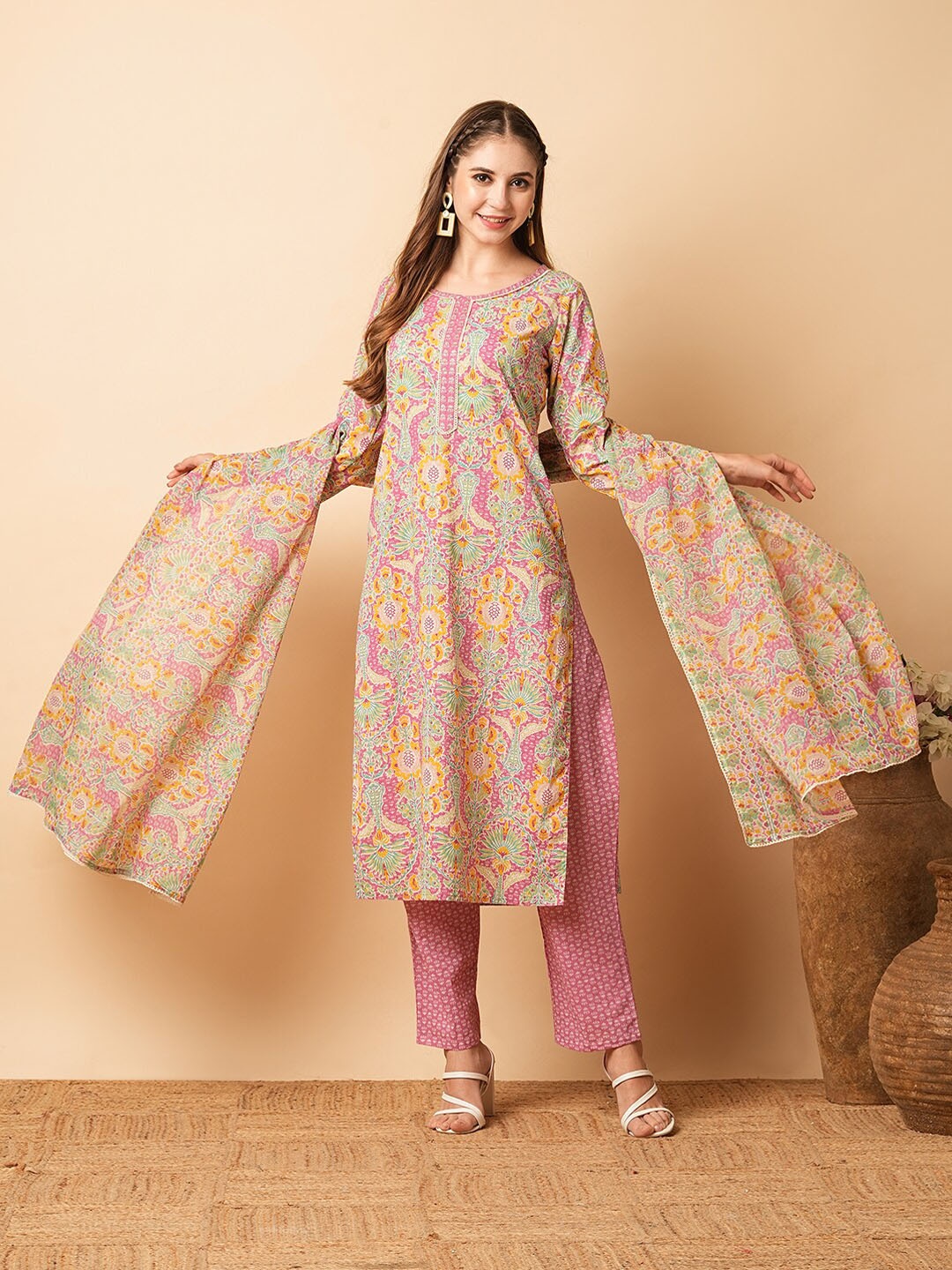 FASHOR Floral Printed Zari Embroidered Pure Cotton Straight Kurta With Trousers & Dupatta, Pink
FASHOR Floral Printed Zari Embroidered Pure Cotton Straight Kurta With Trousers & Dupatta, Pink