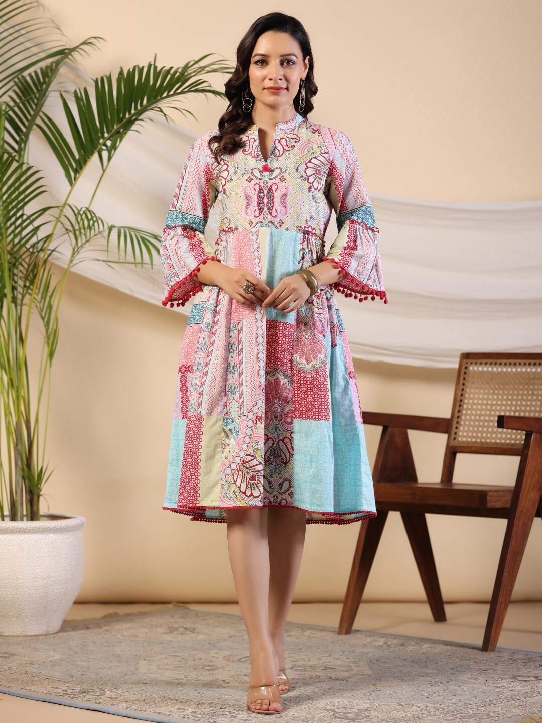 Juniper Ethnic Motifs Printed Bell Sleeves Mandarin Collar Cotton A-Line Dress, Pink
Juniper Ethnic Motifs Printed Bell Sleeves Mandarin Collar Cotton A-Line Dress, Pink