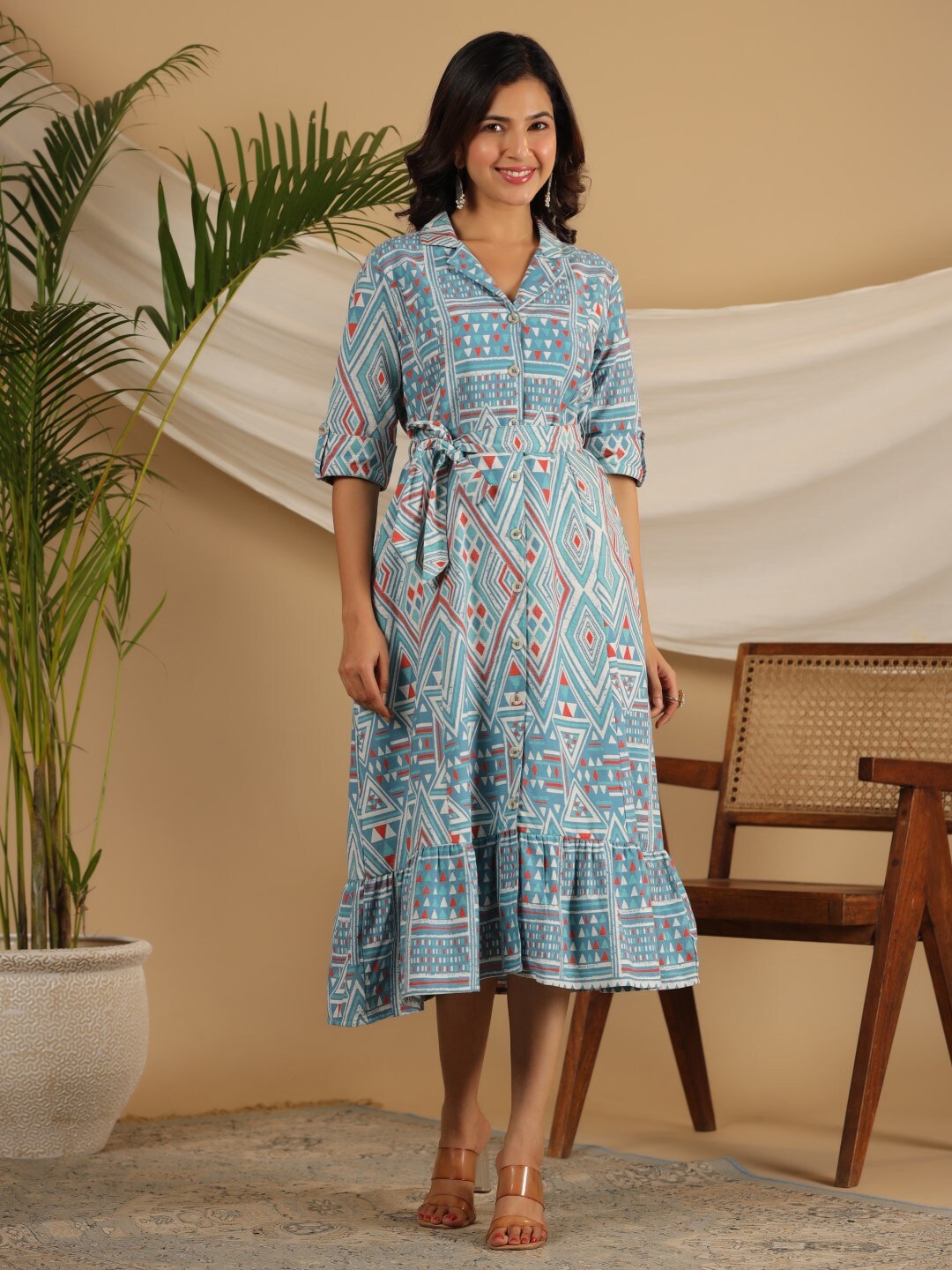 Juniper Geometric Printed Shirt Collar Cotton Roll-Up Sleeves A-Line Midi Dress, Blue
Juniper Geometric Printed Shirt Collar Cotton Roll-Up Sleeves A-Line Midi Dress, Blue
