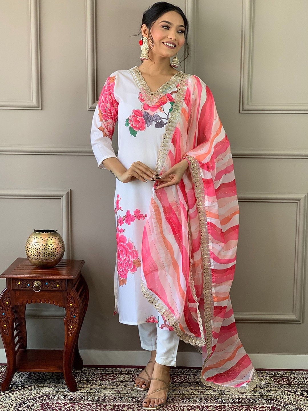 NIZA FASHION Floral Printed Embroidered Pure Silk Kurta With Trousers & Dupatta, White
NIZA FASHION Floral Printed Embroidered Pure Silk Kurta With Trousers & Dupatta, White