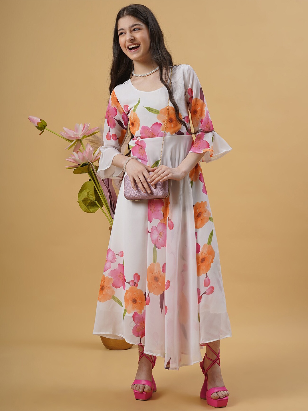 Kedar Fab Girls Floral Printed Bell Sleeves Georgette Fit & Flare Maxi Dress, White
Kedar Fab Girls Floral Printed Bell Sleeves Georgette Fit & Flare Maxi Dress, White