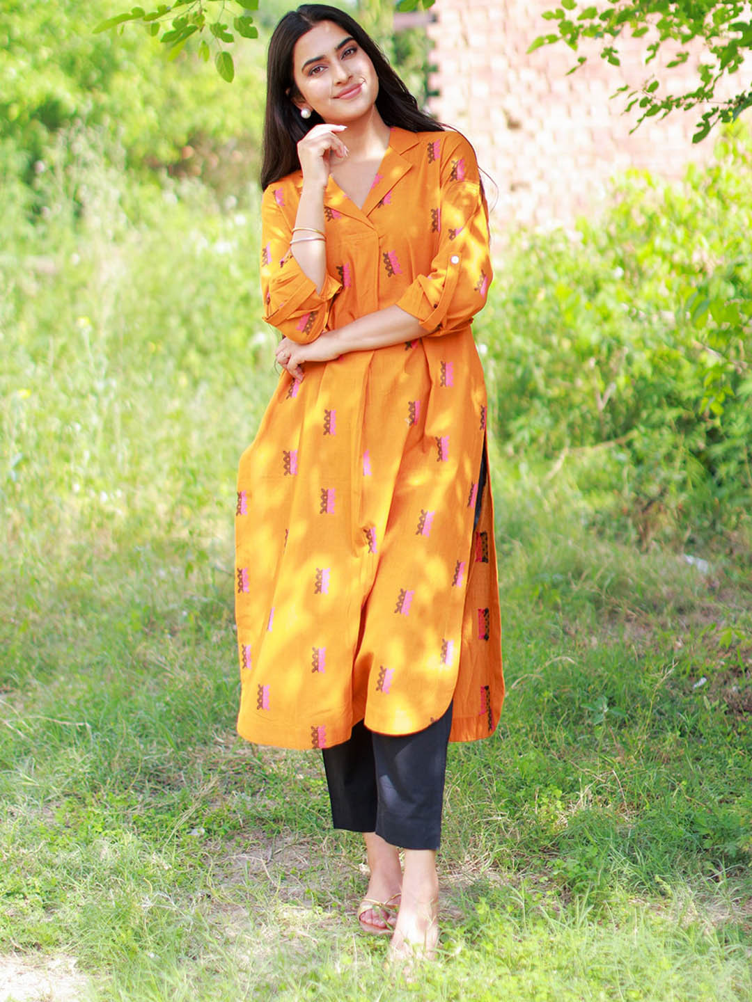 Ambraee Shirt Collar Geometric Printed Organic Cotton Striaght Kurta with Trousers, Mustard
Ambraee Shirt Collar Geometric Printed Organic Cotton Striaght Kurta with Trousers, Mustard