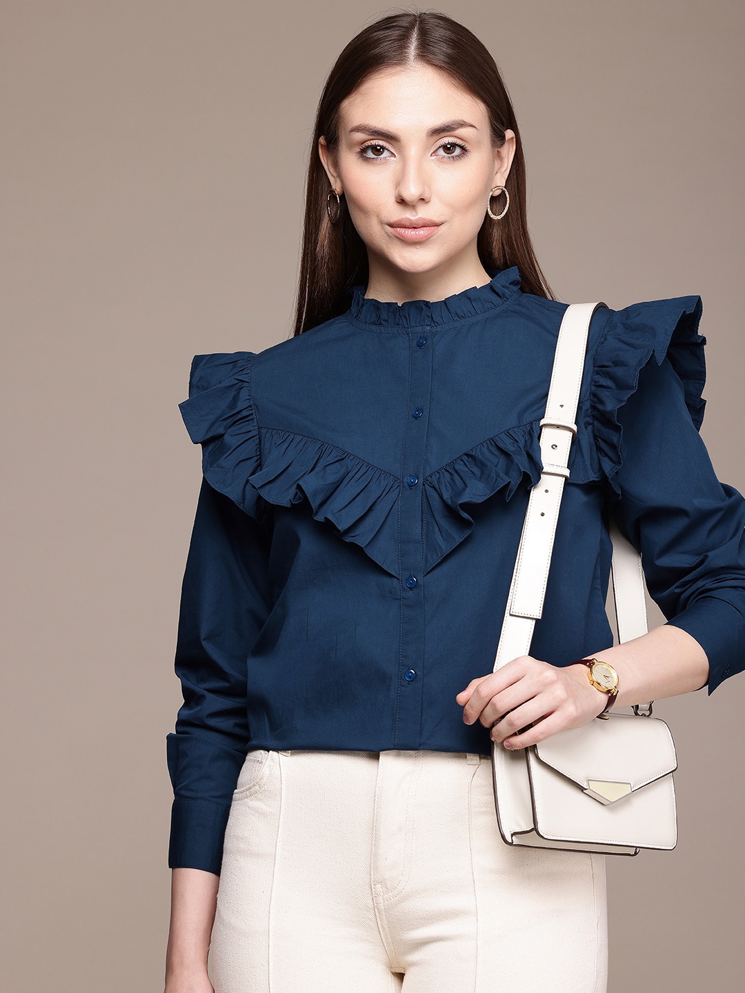 French Connection Mandarin Collar Cuffed Sleeves Pure Cotton Shirt Style Top, Navy blue
French Connection Mandarin Collar Cuffed Sleeves Pure Cotton Shirt Style Top, Navy blue