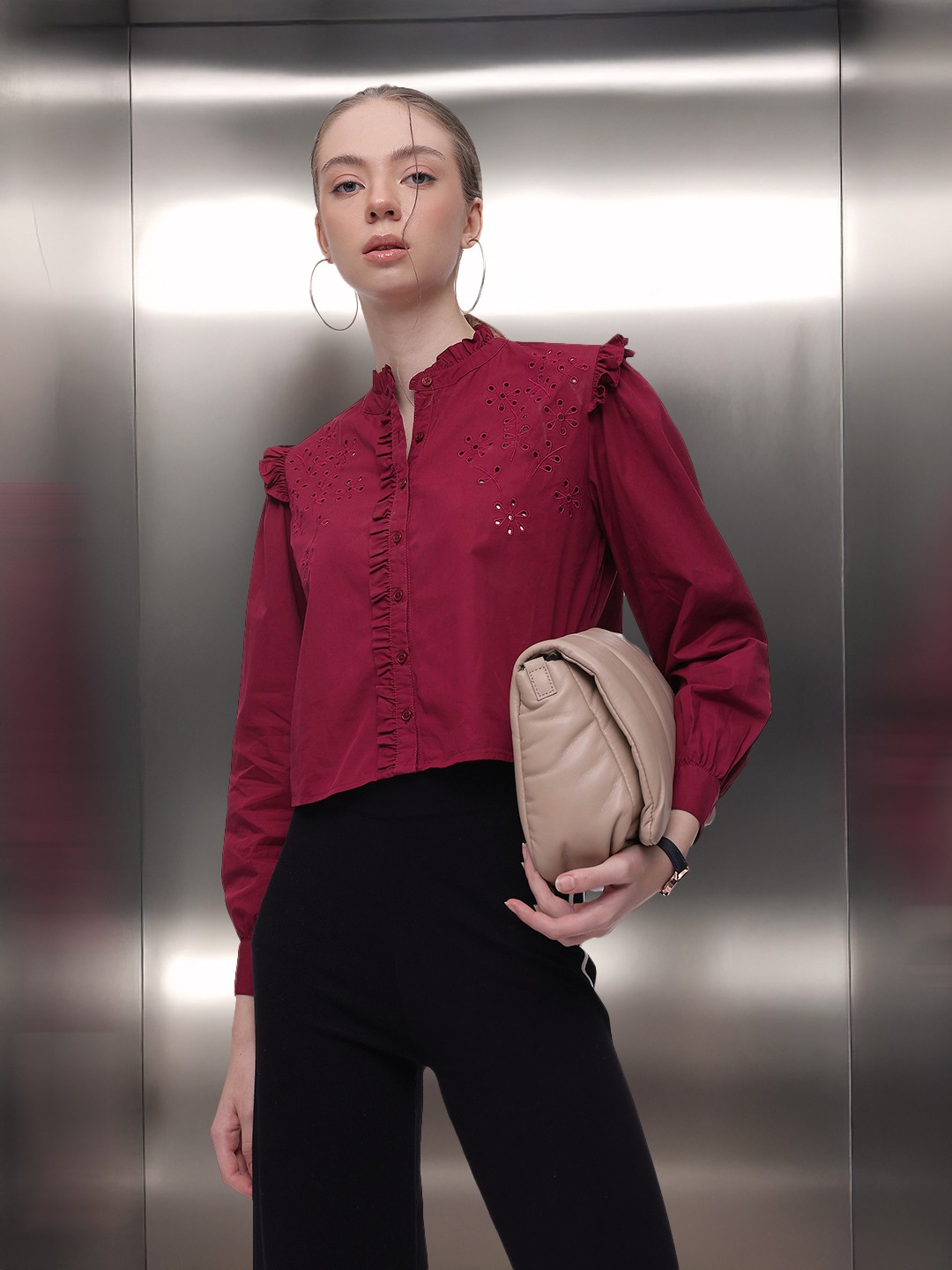 French Connection Floral Embroidered Band Collar Ruffles Pure Cotton Shirt Style Crop Top, Maroon
French Connection Floral Embroidered Band Collar Ruffles Pure Cotton Shirt Style Crop Top, Maroon