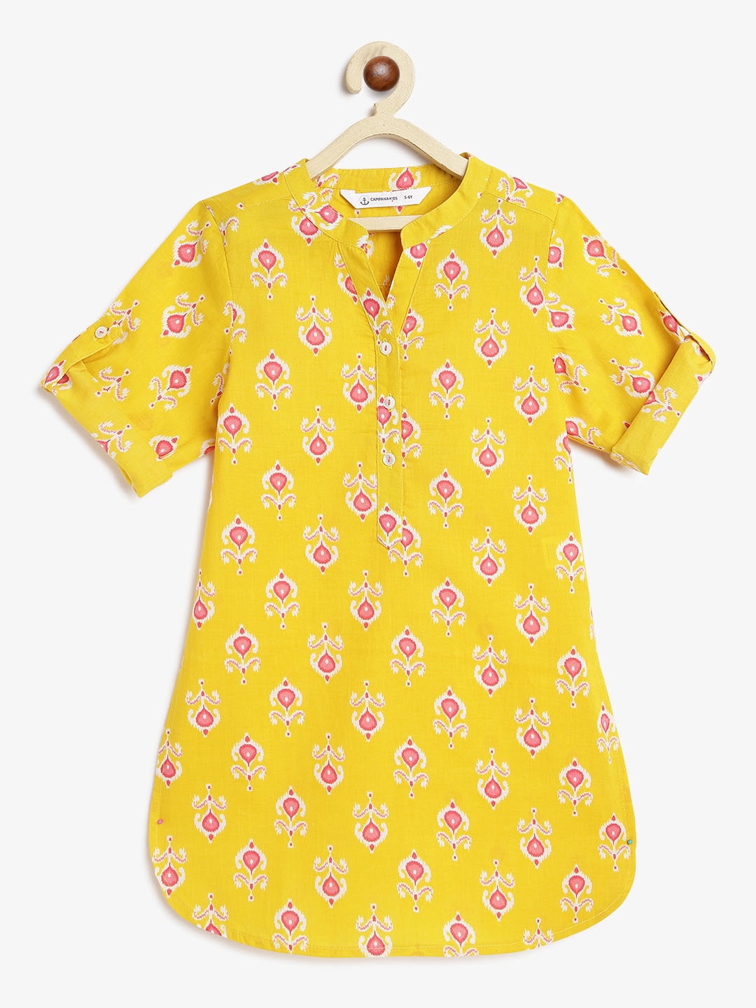 Campana Girls Floral Block Print Mandarin Collar Roll-Up Sleeves Cotton A-Line Kurta, Yellow
Campana Girls Floral Block Print Mandarin Collar Roll-Up Sleeves Cotton A-Line Kurta, Yellow