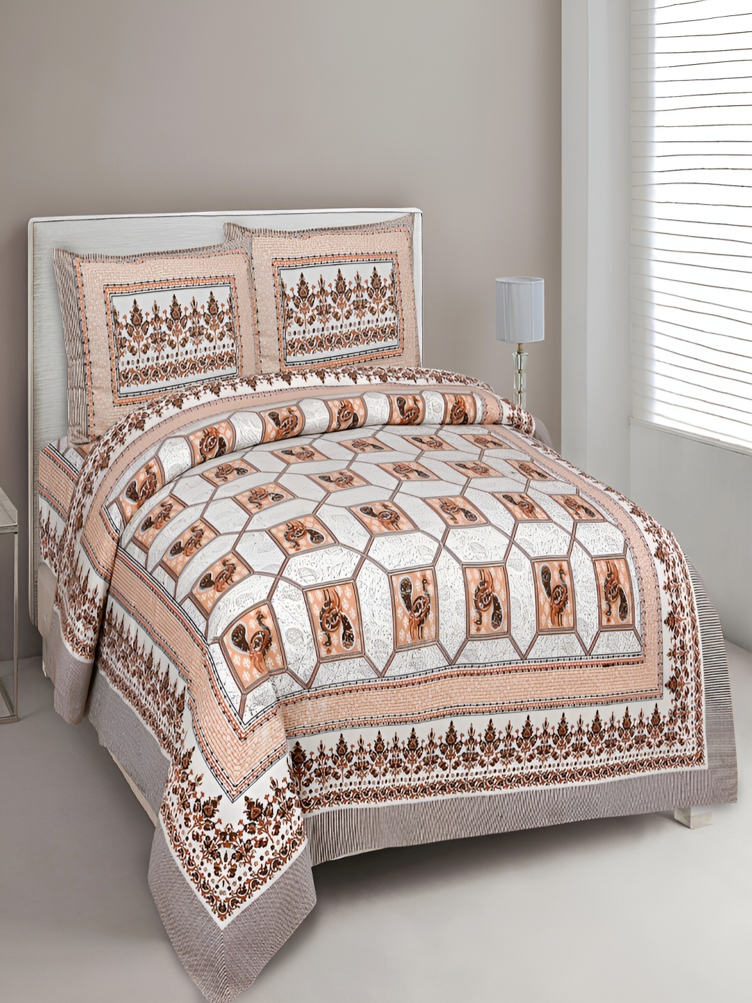 Aura Peach-Coloured & Grey Ethnic Motifs Cotton 180 TC King Bedsheet with 2 Pillow Covers
Aura Peach-Coloured & Grey Ethnic Motifs Cotton 180 TC King Bedsheet with 2 Pillow Covers