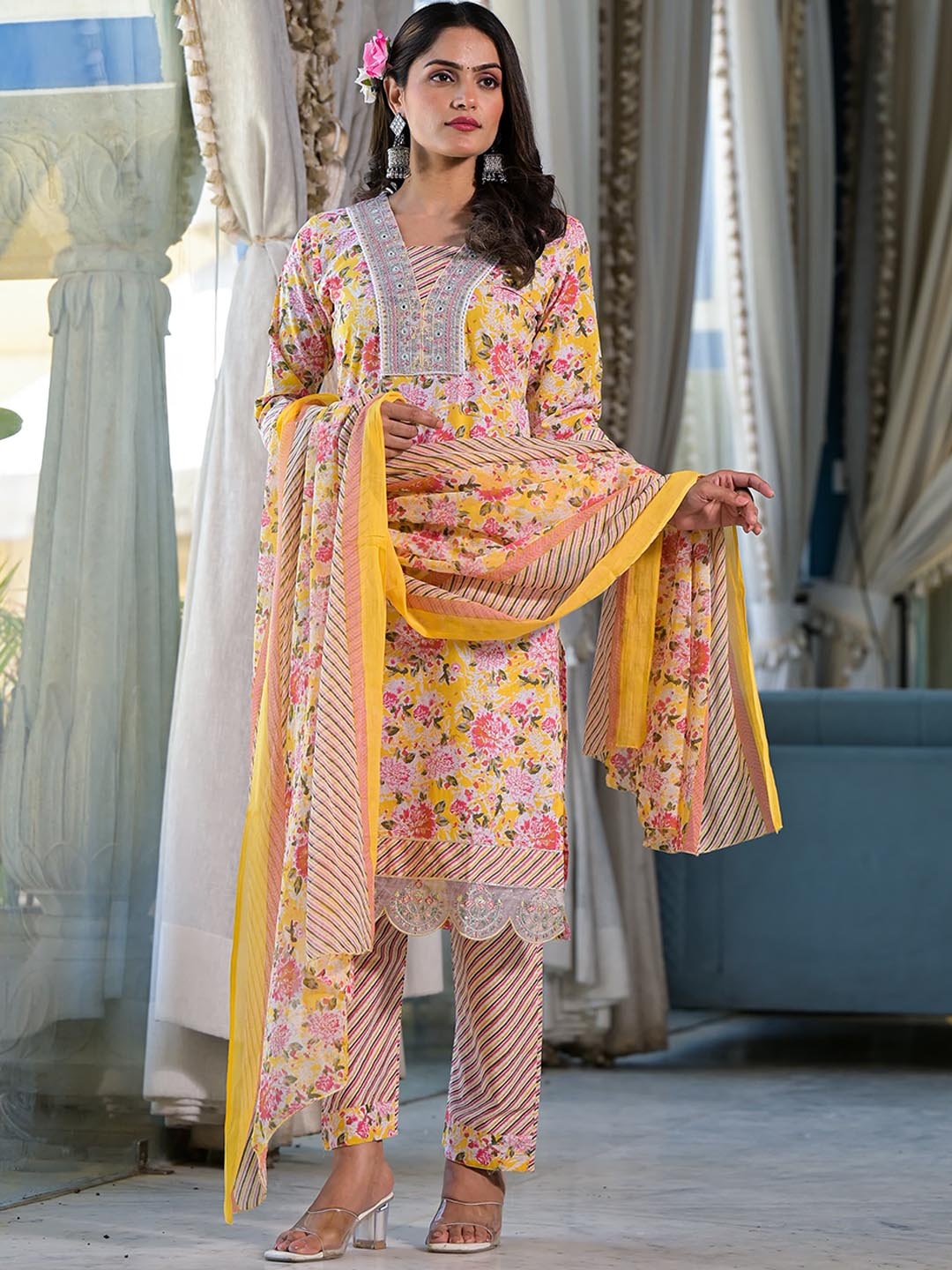 KALINI Floral Printed Regular Thread Work Pure Cotton Kurta with Trouser & Dupatta, Yellow
KALINI Floral Printed Regular Thread Work Pure Cotton Kurta with Trouser & Dupatta, Yellow