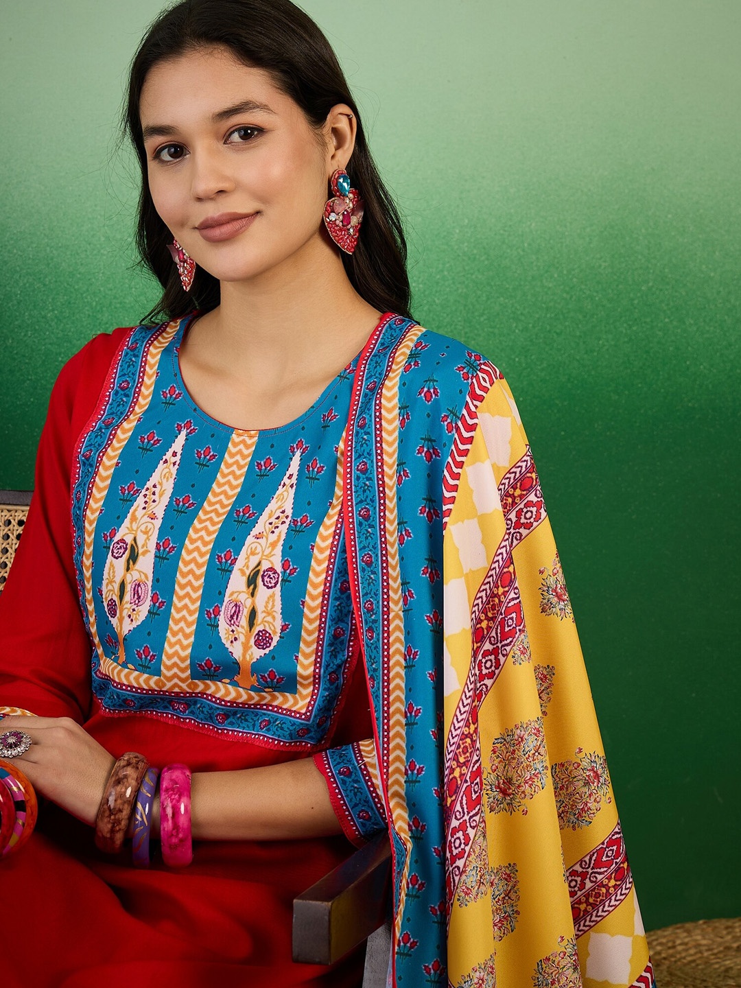 Sangria Ethmic Motifs Printed Round Neck Straight Kurta With Trousers & Dupatta, Red
Sangria Ethmic Motifs Printed Round Neck Straight Kurta With Trousers & Dupatta, Red