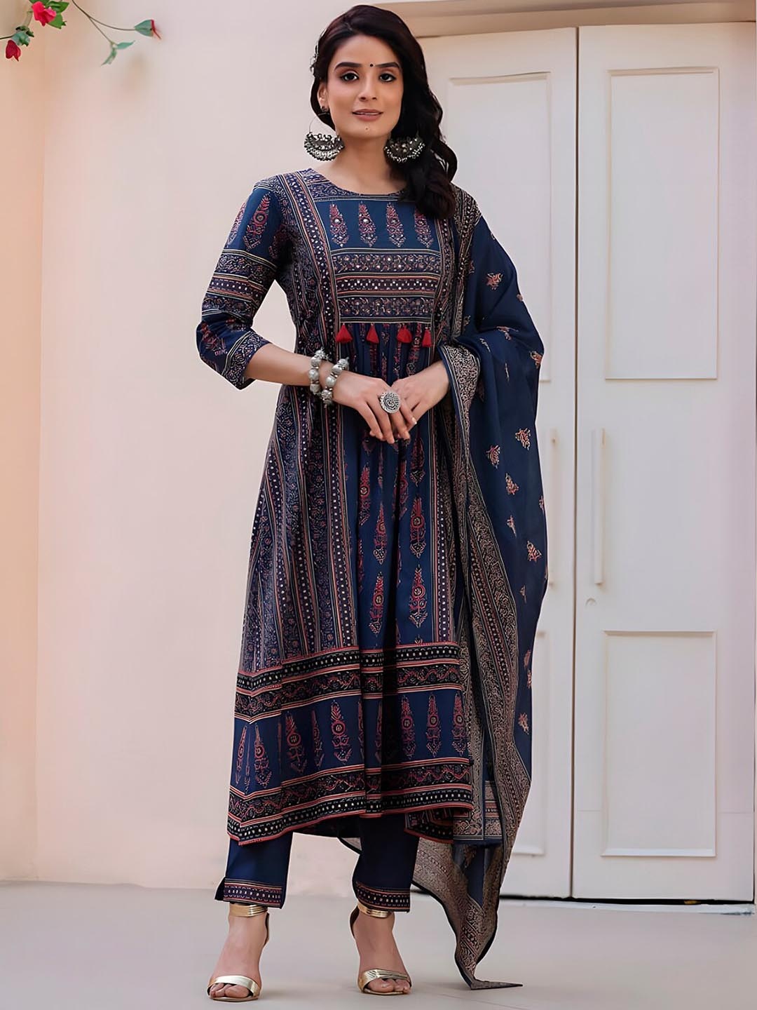 KALINI Ethnic Motifs Printed Regular Sequinned Pure Cotton Kurta with Trouser & Dupatta, Blue
KALINI Ethnic Motifs Printed Regular Sequinned Pure Cotton Kurta with Trouser & Dupatta, Blue