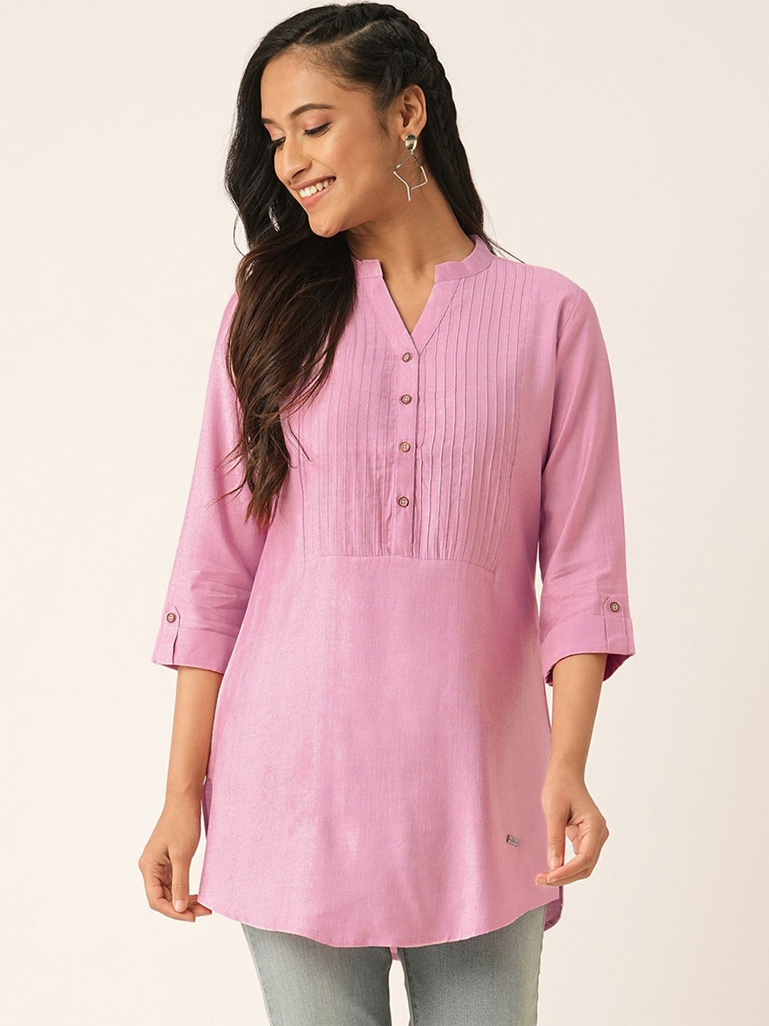 ODETTE Mandarin Collar Kurta, Pink