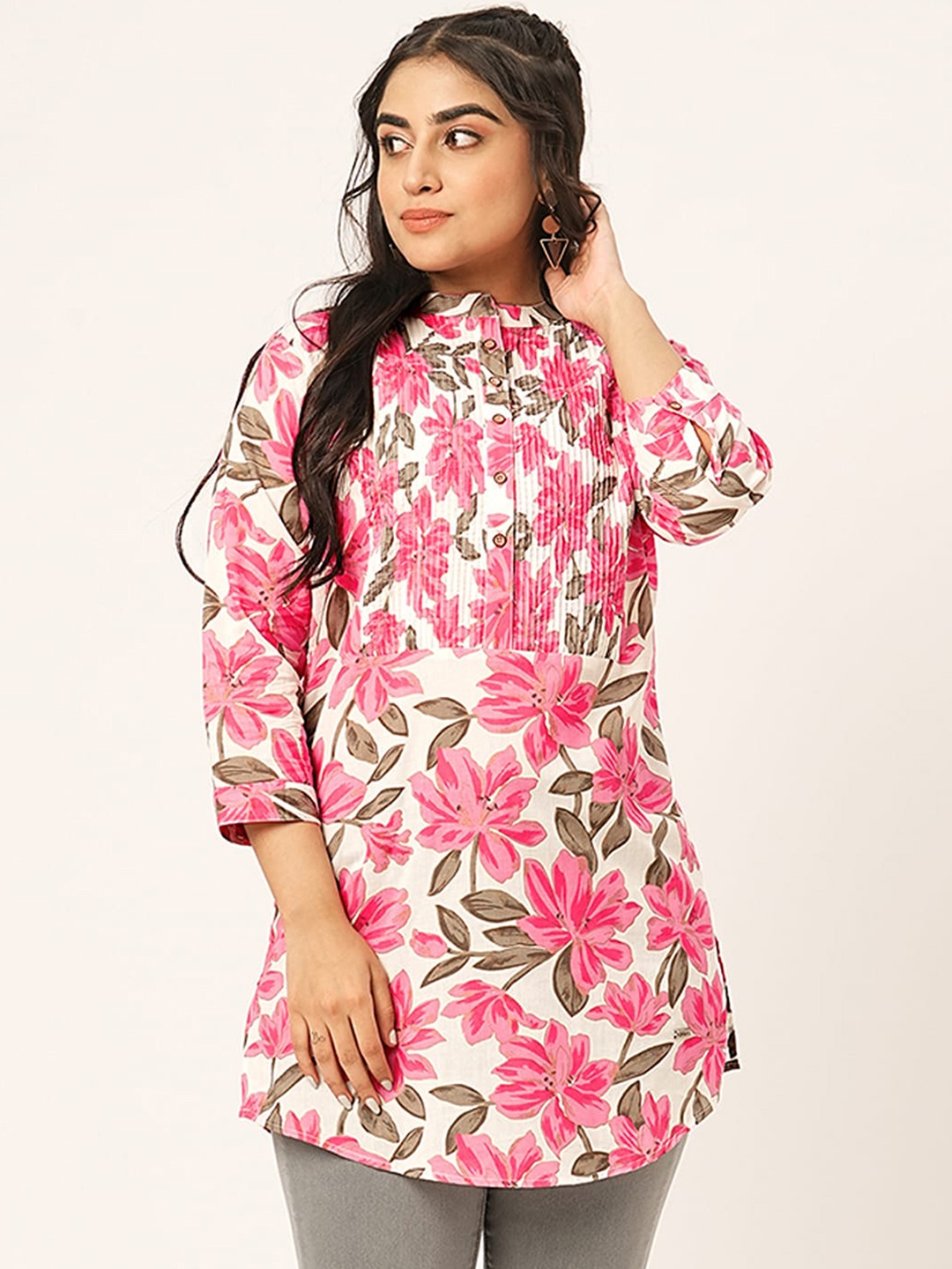ODETTE Floral Printed Cotton Stitched Short Kurta, Pink