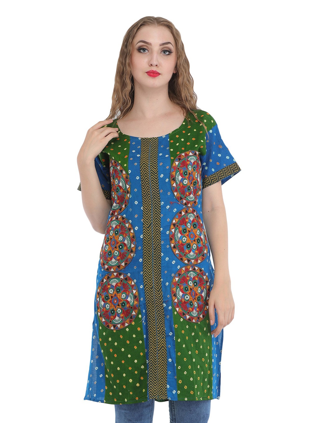Exotic India Green & Sky Blue Bandhani Tie-Dye Pure Cotton Kurti with Embroidered Patches
Exotic India Green & Sky Blue Bandhani Tie-Dye Pure Cotton Kurti with Embroidered Patches