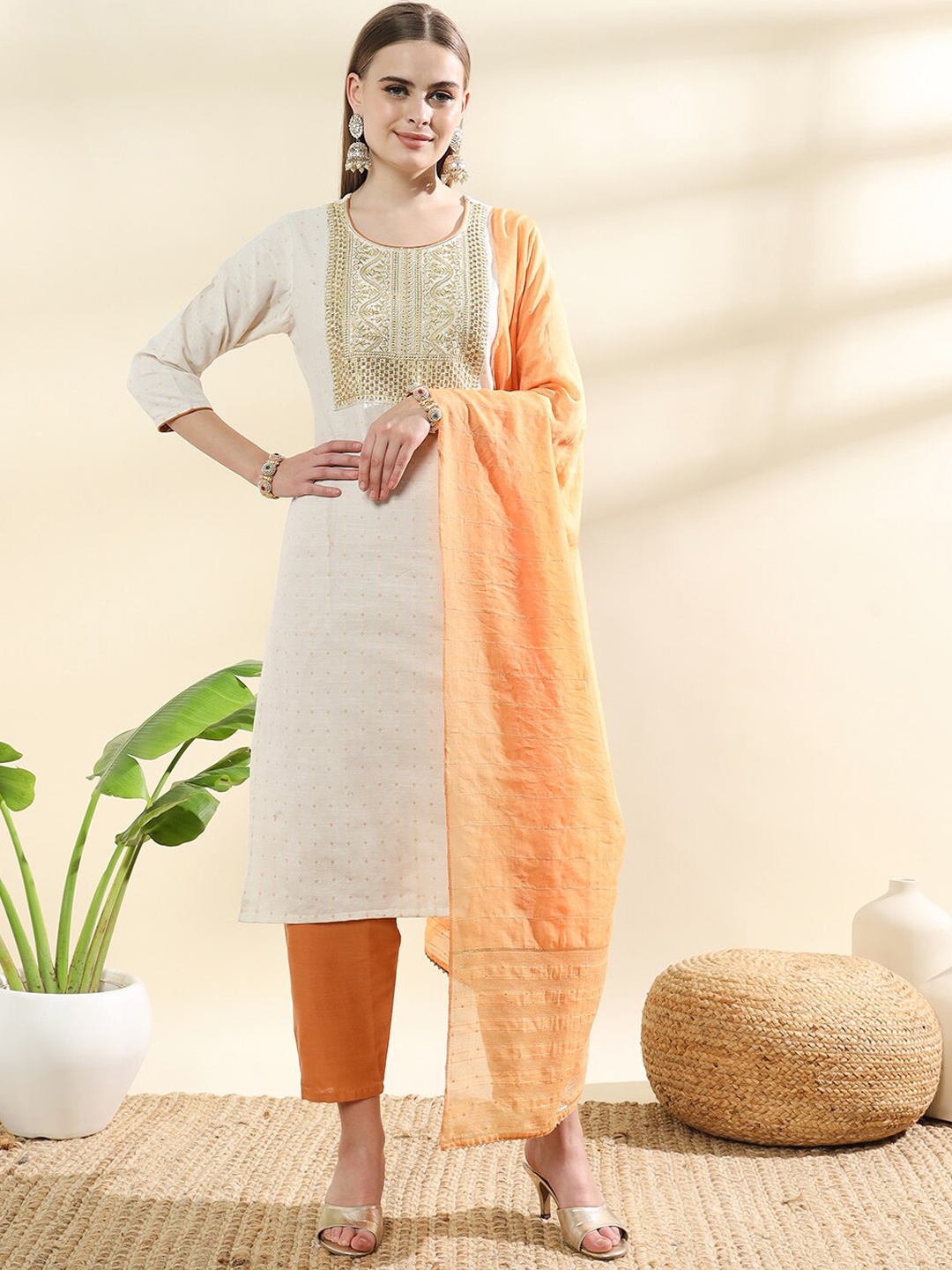 S.K.C Geometric Woven Design Thread Work Straight Kurta With Trousers & Dupatta, Mustard
S.K.C Geometric Woven Design Thread Work Straight Kurta With Trousers & Dupatta, Mustard