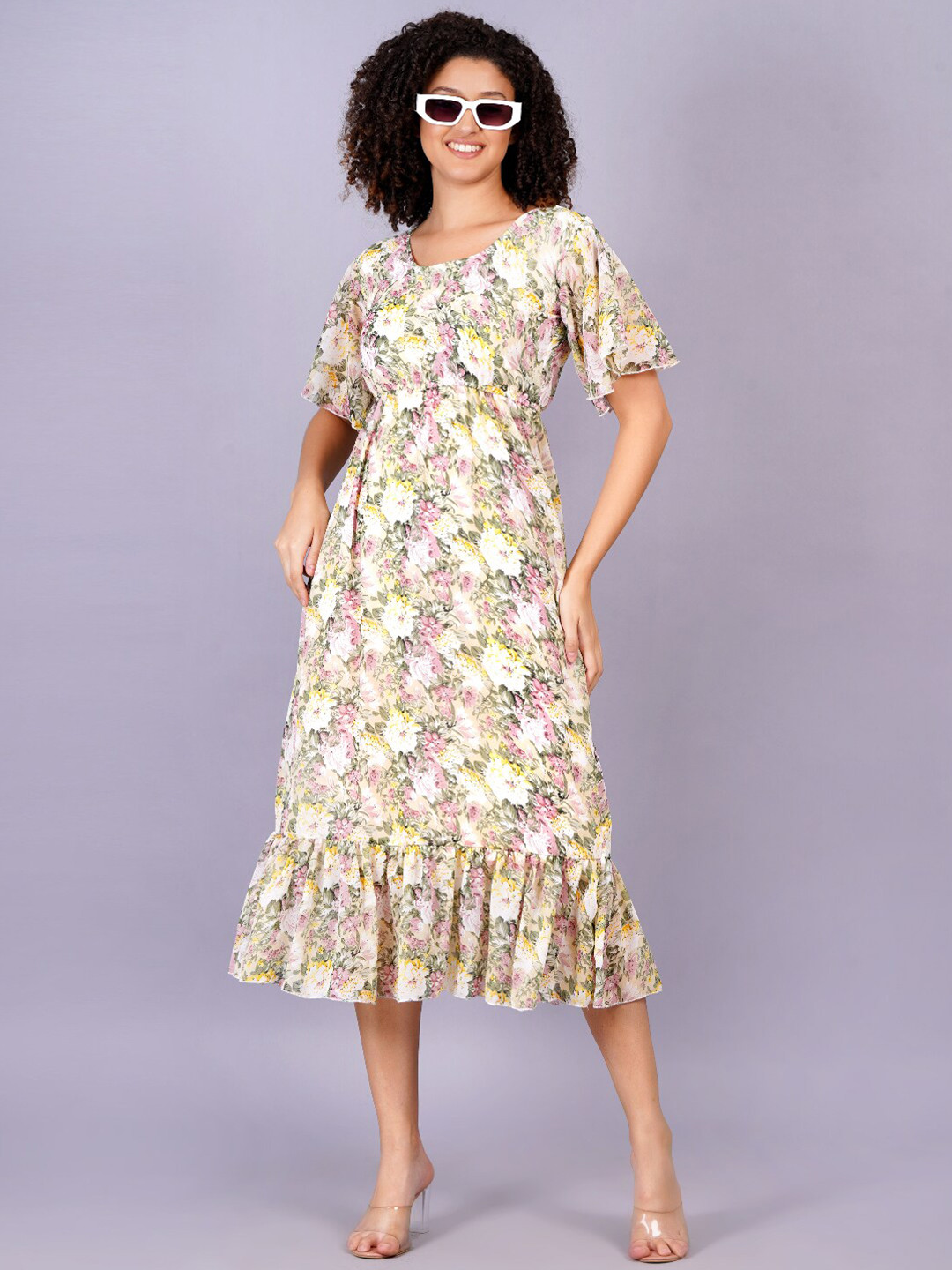 HIGHLIGHT FASHION EXPORT Floral Printed Flared Sleeves Georgette Fit & Flare Midi Dress, Beige 
HIGHLIGHT FASHION EXPORT Floral Printed Flared Sleeves Georgette Fit & Flare Midi Dress, Beige