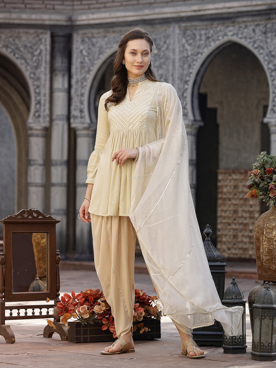 Stylum Cream Floral Embroidered Empire Mirror Work Kurti with Dhoti Pants & Dupatta
Stylum Cream Floral Embroidered Empire Mirror Work Kurti with Dhoti Pants & Dupatta