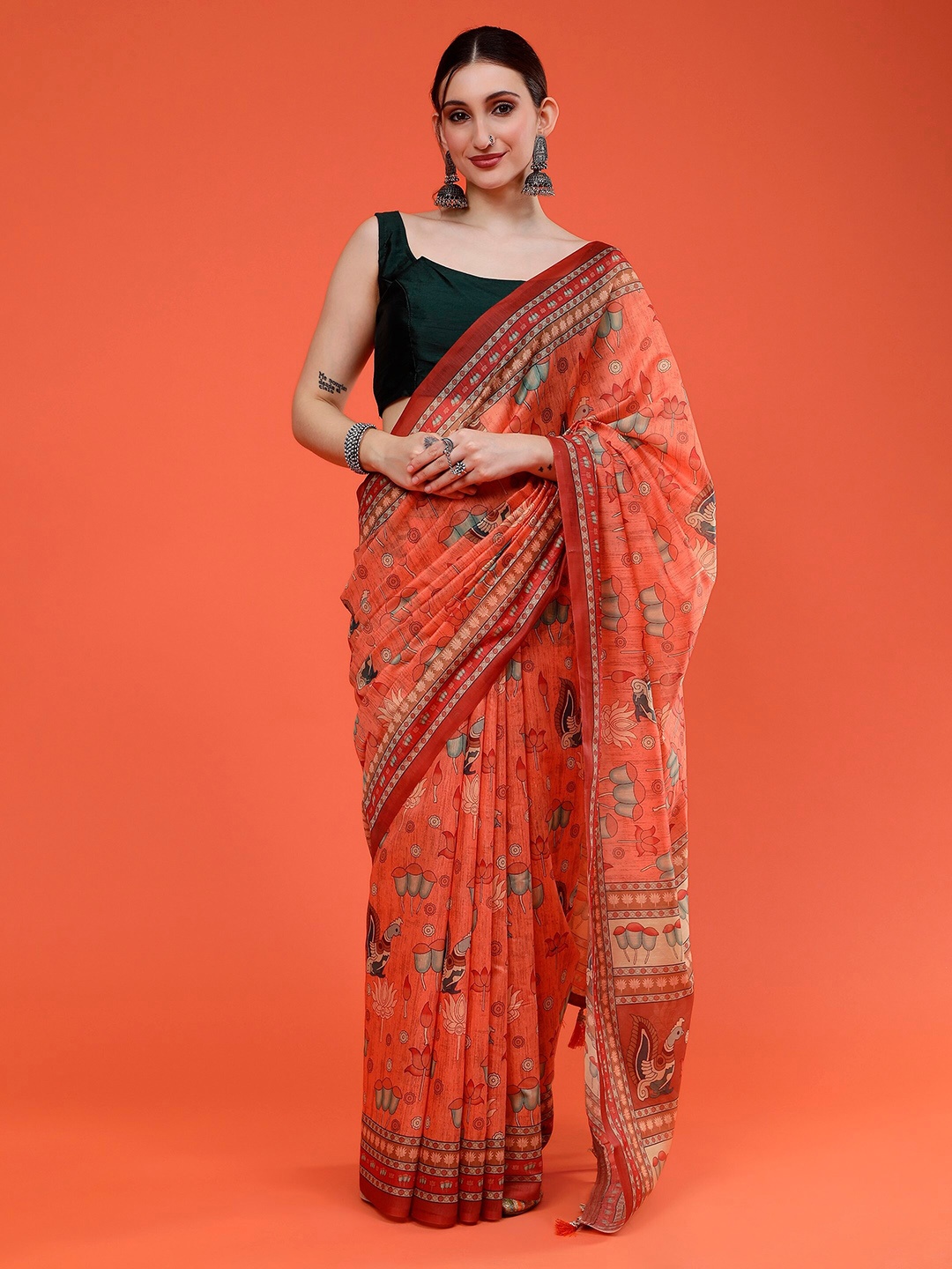 Sawere Kalamkari Pure Cotton Saree, Orange