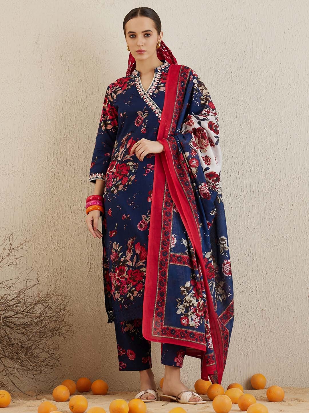 Indo Era Floral Printed Angrakha Mirror Work Cotton Straight Kurta & Trousers & Dupatta, Blue
Indo Era Floral Printed Angrakha Mirror Work Cotton Straight Kurta & Trousers & Dupatta, Blue