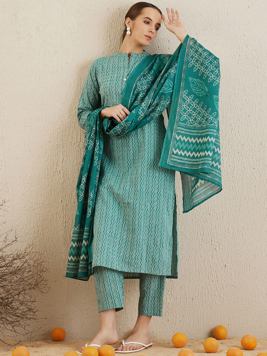 Indo Era Mandarin Collar Chevron Printed Pure Cotton Kurta with Trouser & Dupatta, Blue
Indo Era Mandarin Collar Chevron Printed Pure Cotton Kurta with Trouser & Dupatta, Blue