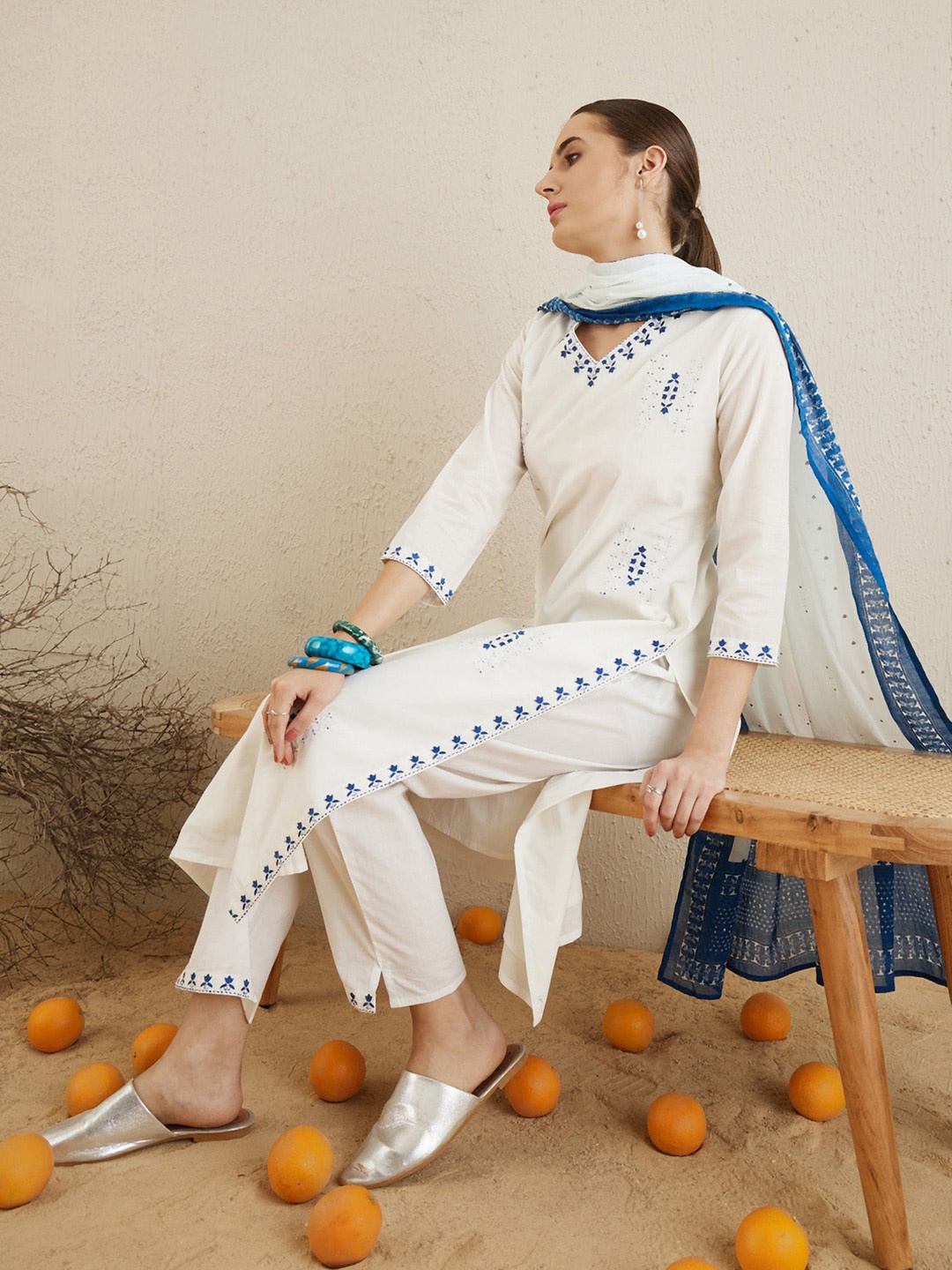 Indo Era V Neck Ethnic Embroidered Pure Cotton Straight Kurta with Trouser & Dupatta, Off white
Indo Era V Neck Ethnic Embroidered Pure Cotton Straight Kurta with Trouser & Dupatta, Off white