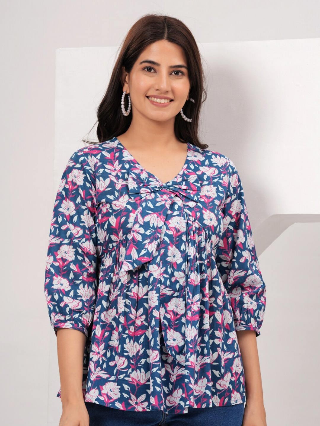 KALINI Floral Print Cotton Top, Blue