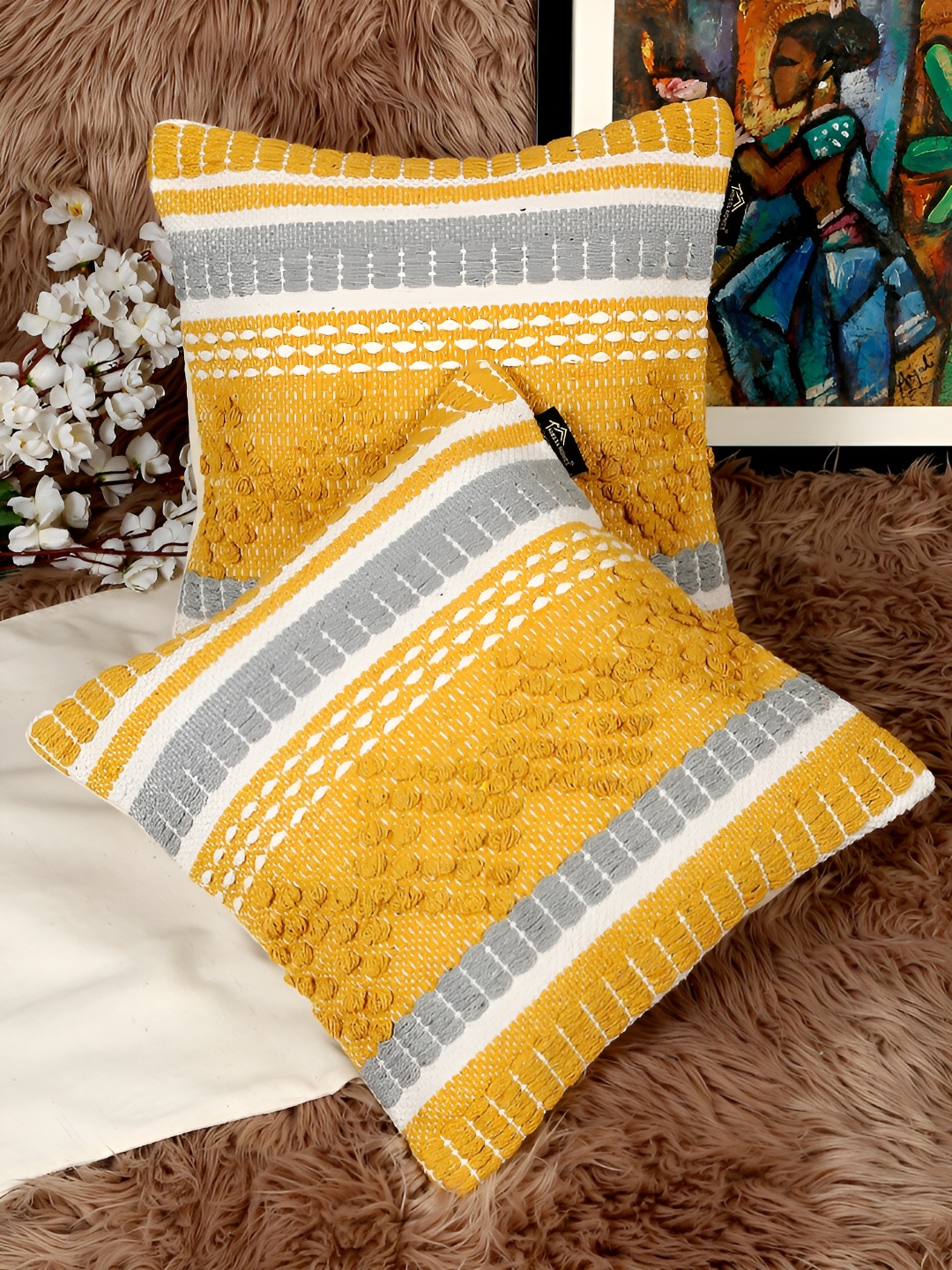 

HOSTA HOMES Yellow & Grey 2 Pieces Geometric Cotton Square Cushion Covers