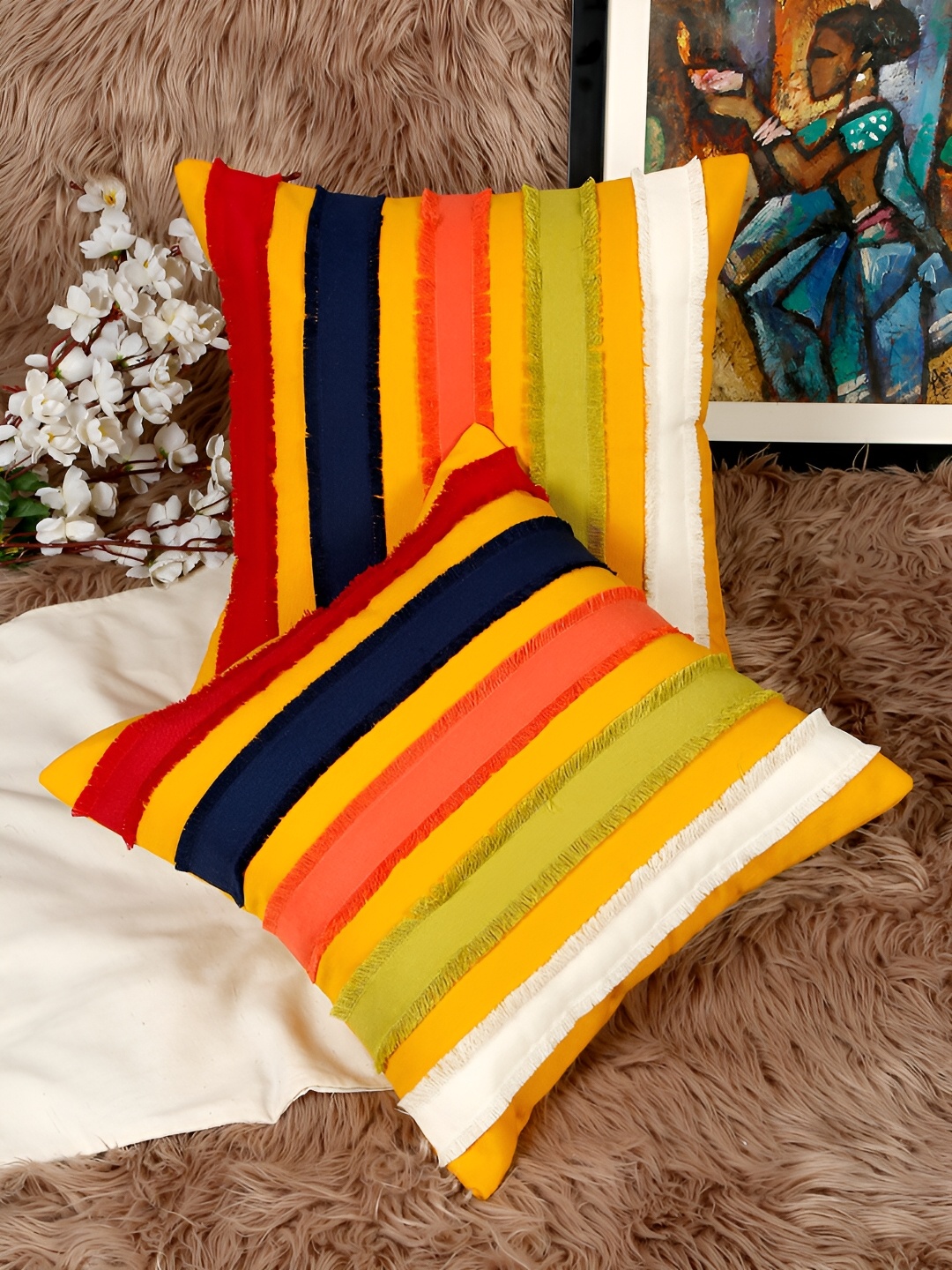 

HOSTA HOMES Yellow & Rust 2 Pieces Striped Cotton Square Cushion Covers