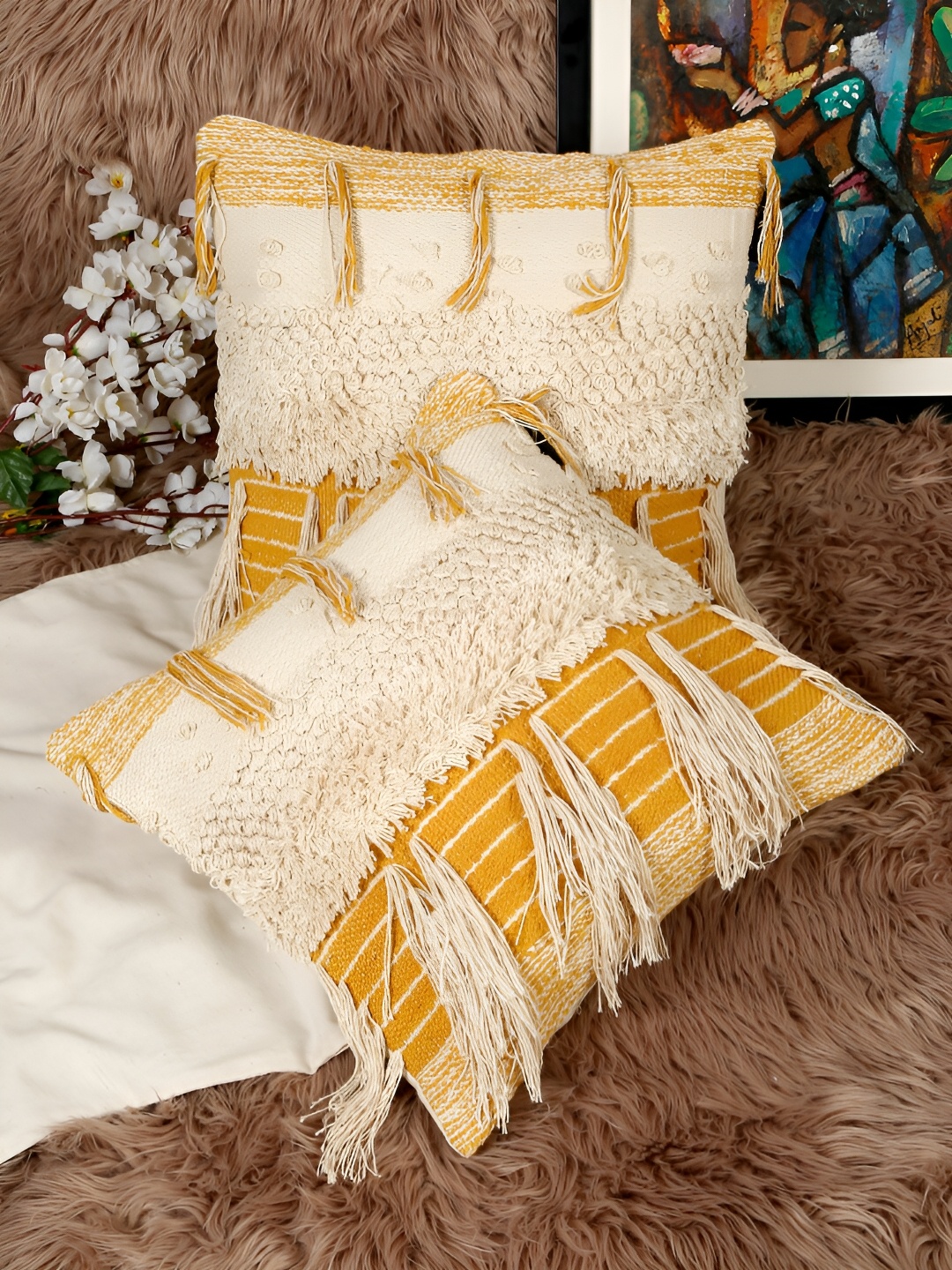 HOSTA HOMES Yellow & Off White 2 Pieces Geometric Cotton Square Cushion Covers
HOSTA HOMES Yellow & Off White 2 Pieces Geometric Cotton Square Cushion Covers