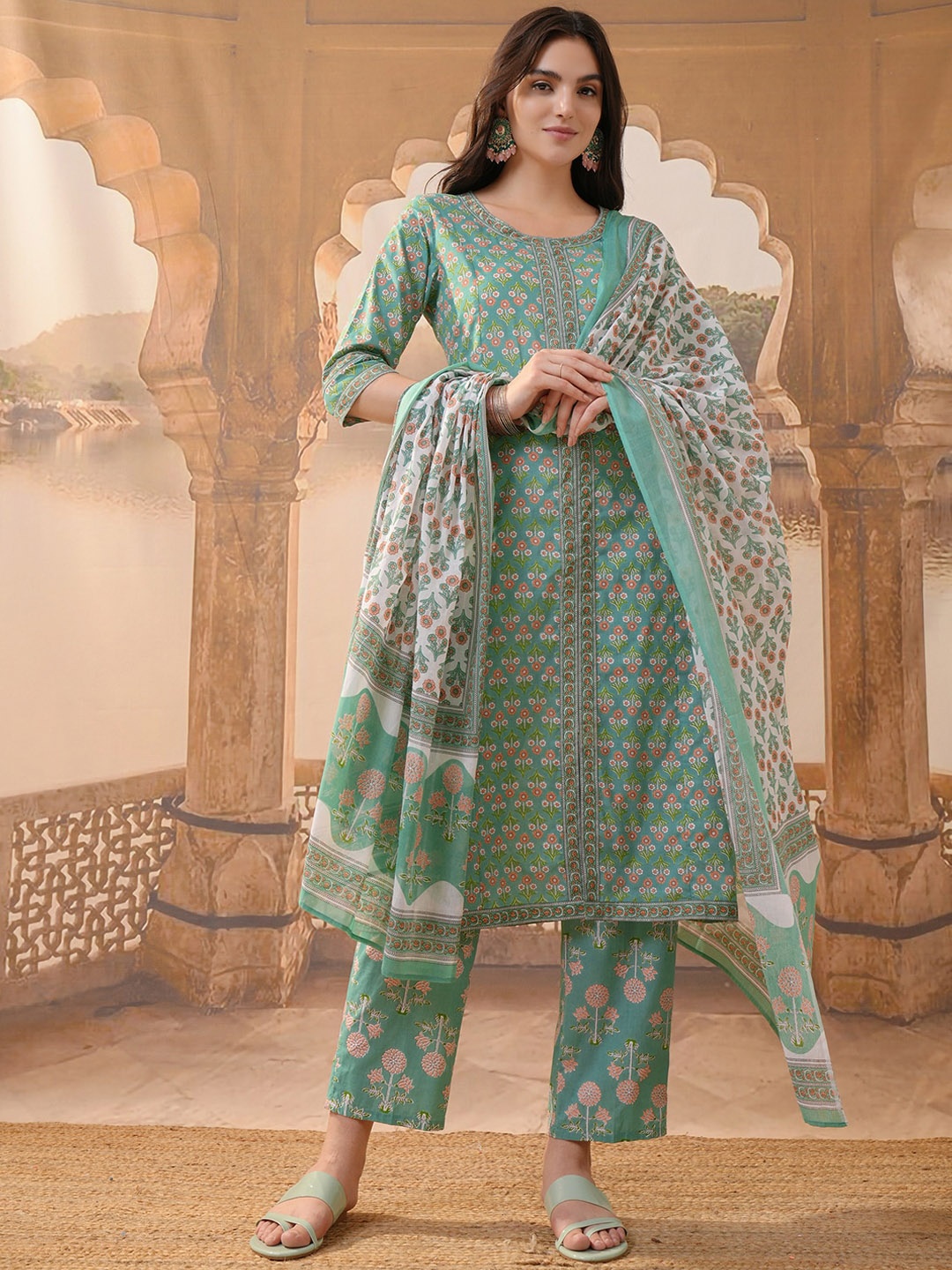 Vishudh Green Floral Printed Pure Cotton Straight Kurta With Trousers & Dupatta
Vishudh Green Floral Printed Pure Cotton Straight Kurta With Trousers & Dupatta