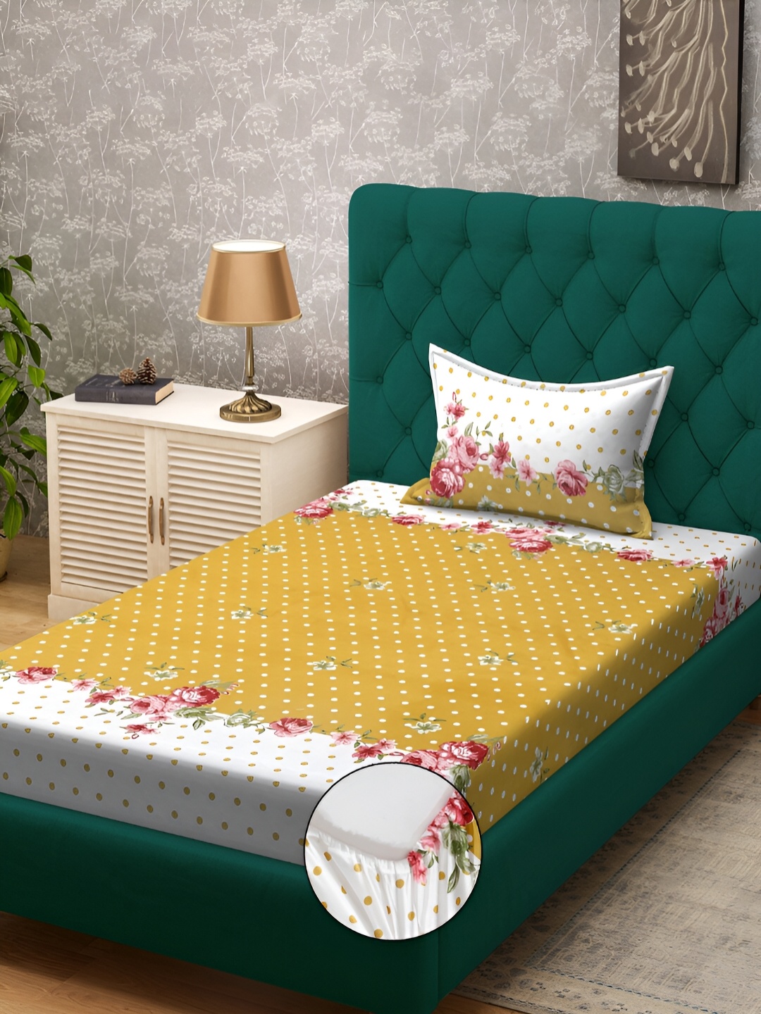 KLOTTHE White & Yellow Floral Printed 300 TC Fitted Single Bedsheet With 1 Pillow Cover
KLOTTHE White & Yellow Floral Printed 300 TC Fitted Single Bedsheet With 1 Pillow Cover