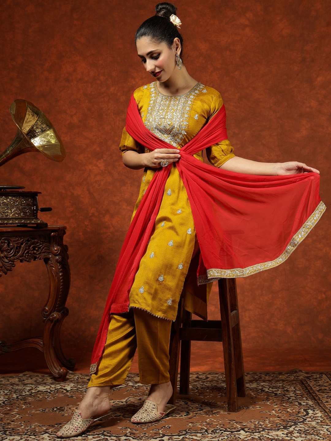 KALINI Ethnic Motifs Embroidered Regular Sequins Straight Kurta with Trousers & Dupatta, Yellow
KALINI Ethnic Motifs Embroidered Regular Sequins Straight Kurta with Trousers & Dupatta, Yellow