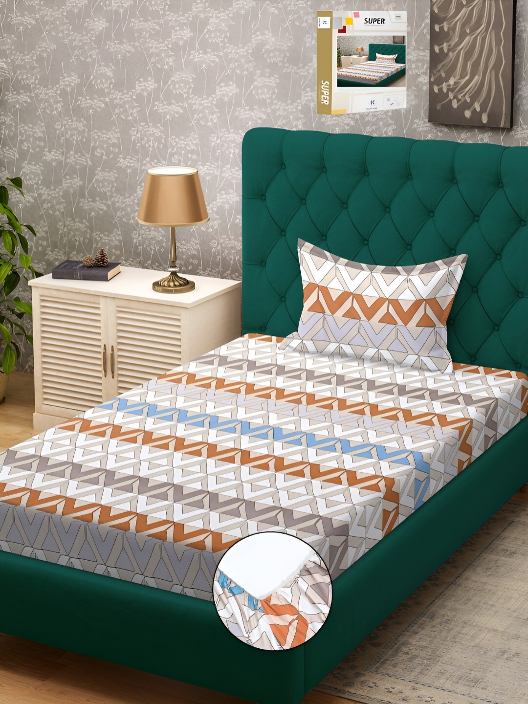 KLOTTHE Peach & White Geometric Printed 300 TC Fitted Single Bedsheet With 1 Pillow Cover
KLOTTHE Peach & White Geometric Printed 300 TC Fitted Single Bedsheet With 1 Pillow Cover