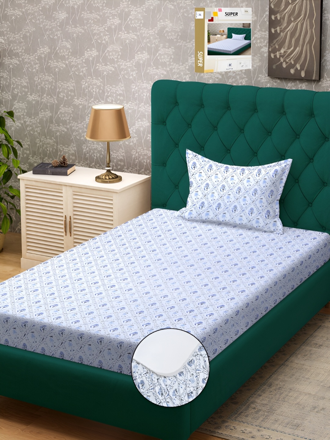 KLOTTHE White & Blue Floral Printed 300 TC Fitted Single Bedsheet With 1 Pillow Cover
KLOTTHE White & Blue Floral Printed 300 TC Fitted Single Bedsheet With 1 Pillow Cover