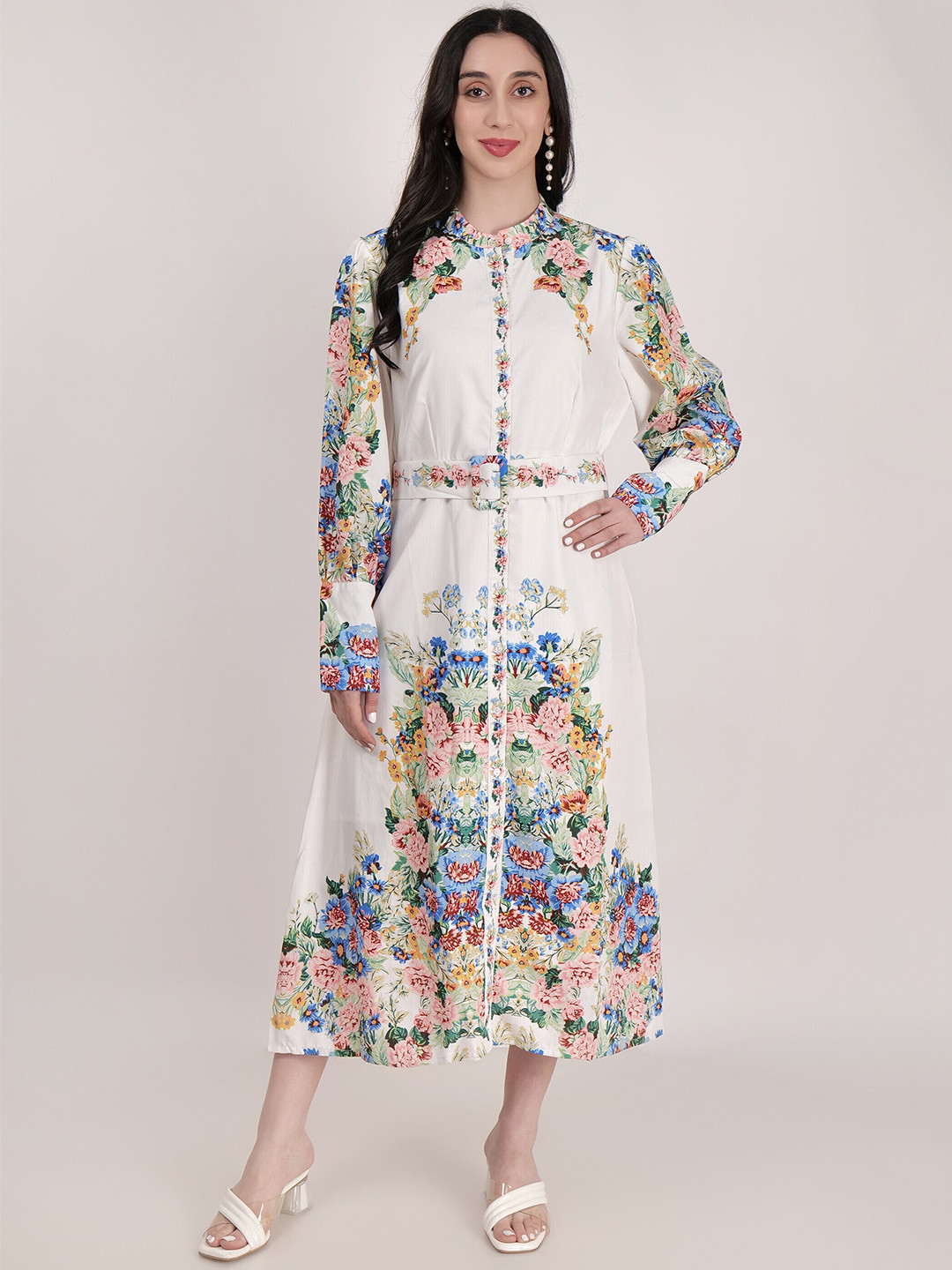 SHIWANGI COUTURE Floral Printed Mandarin Collar Cuffed Sleeves Cotton A-Line Midi Dress, White
SHIWANGI COUTURE Floral Printed Mandarin Collar Cuffed Sleeves Cotton A-Line Midi Dress, White