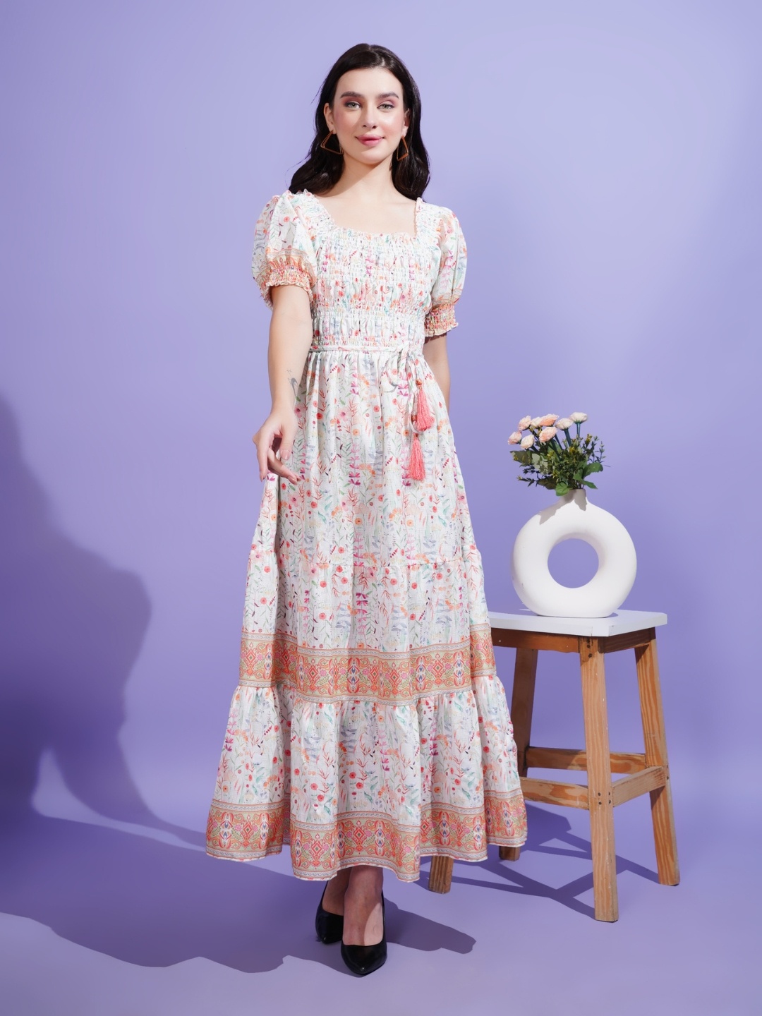 Boholyfe Floral Print Square neck Short Puff Sleeves A-Line Smocked Maxi Dress, White
Boholyfe Floral Print Square neck Short Puff Sleeves A-Line Smocked Maxi Dress, White
