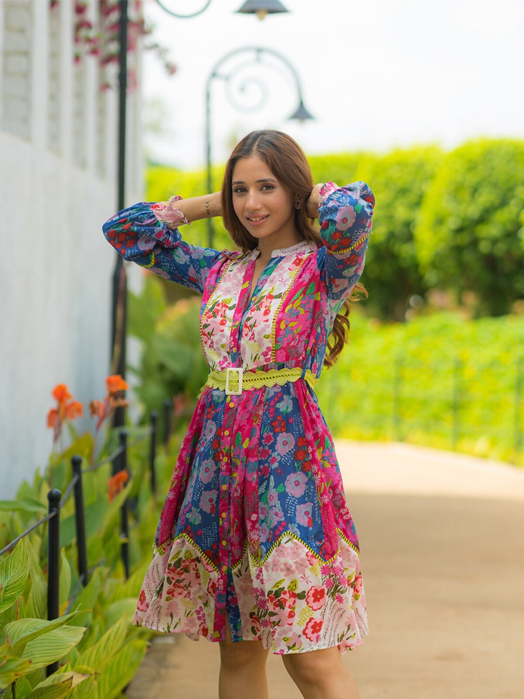 Ambraee Floral Print Mandarin Collar Puff Sleeves Belted Cotton Fit & Flare Dress, Pink
Ambraee Floral Print Mandarin Collar Puff Sleeves Belted Cotton Fit & Flare Dress, Pink