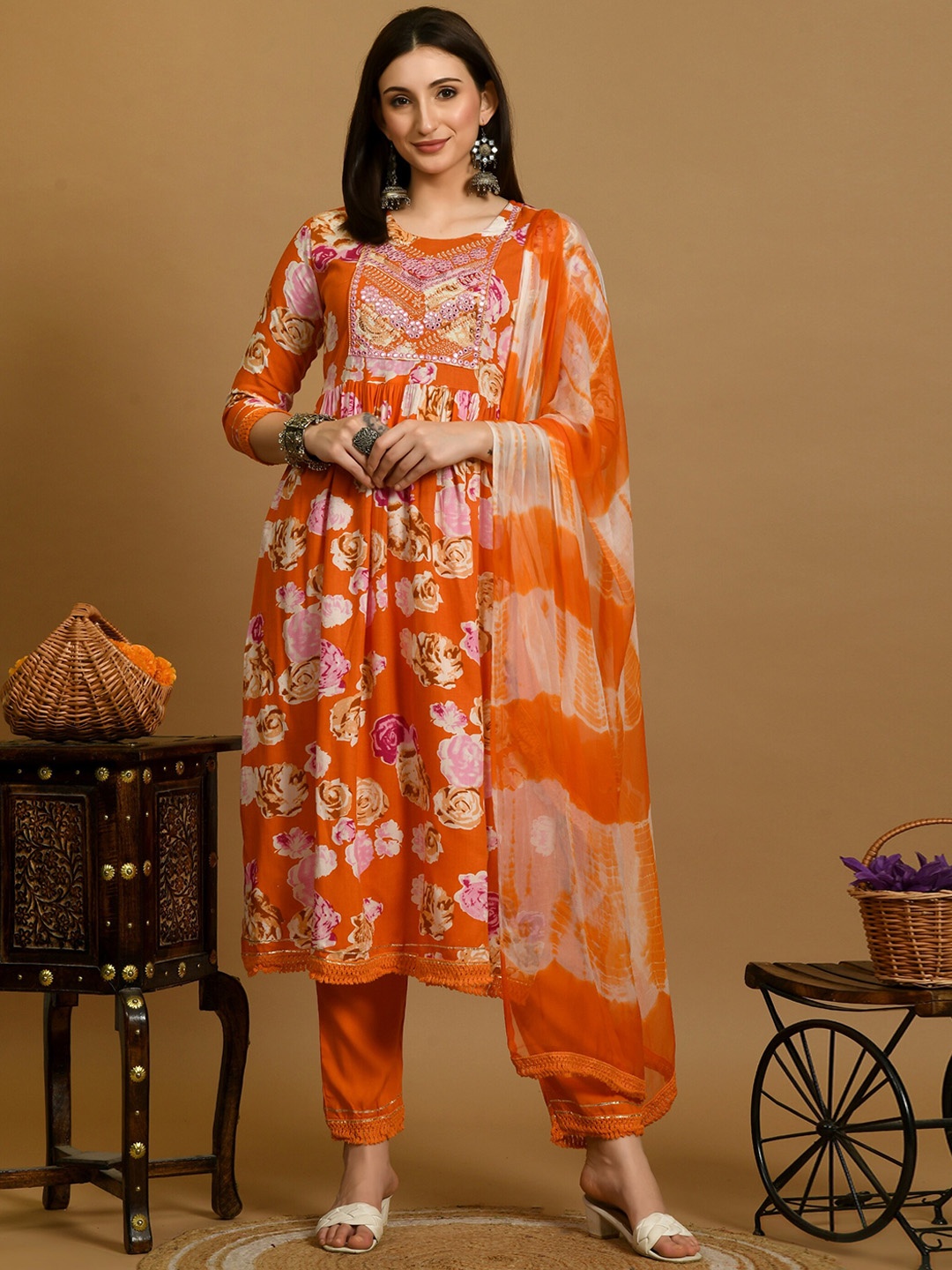 VINDYAVASINI Floral Printed Gathered Straight Mirror Work Kurta with Trousers & Dupatta, Orange
VINDYAVASINI Floral Printed Gathered Straight Mirror Work Kurta with Trousers & Dupatta, Orange