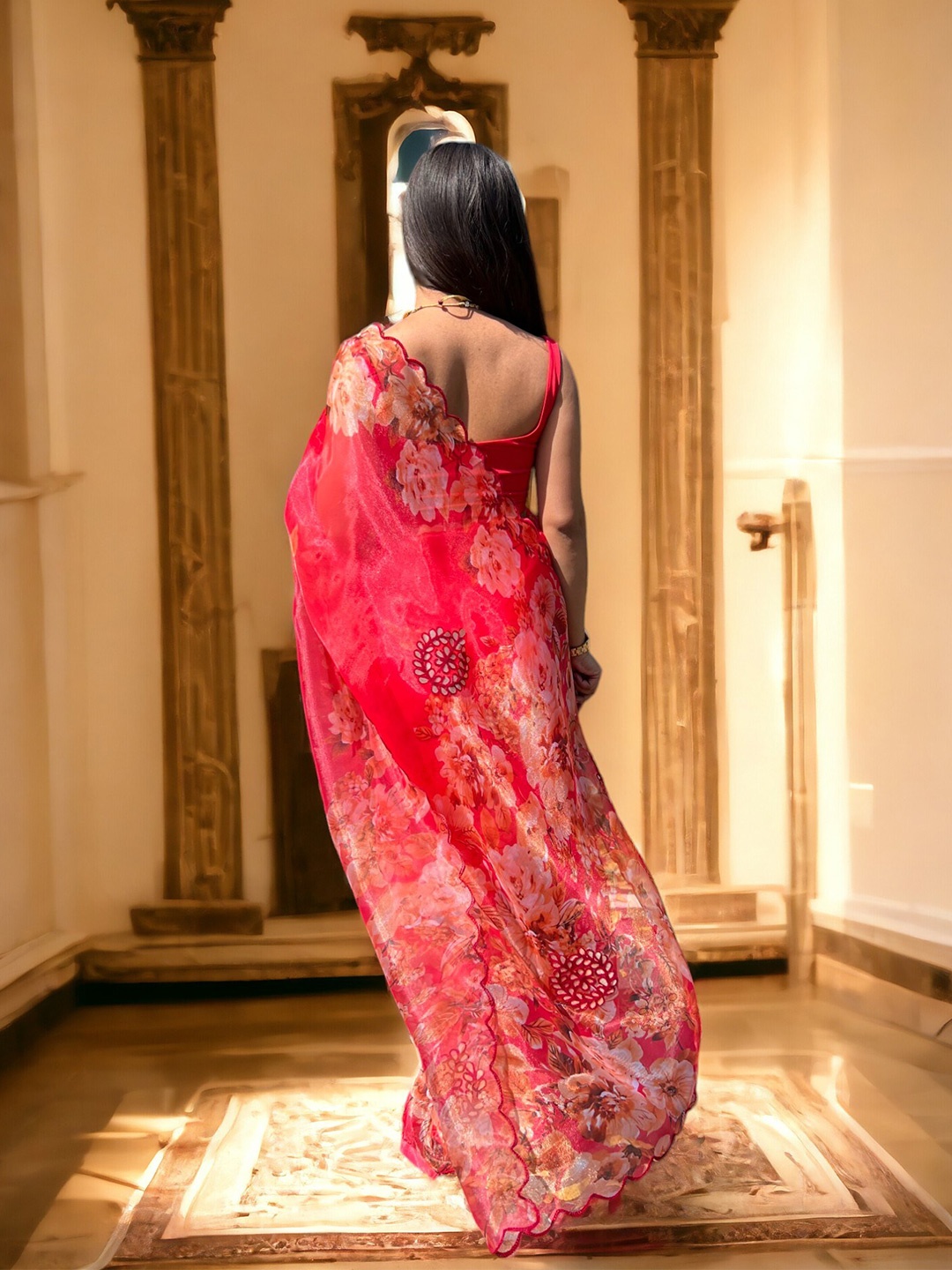 Vastrasky Global Floral Embroidered Organza Saree, Pink