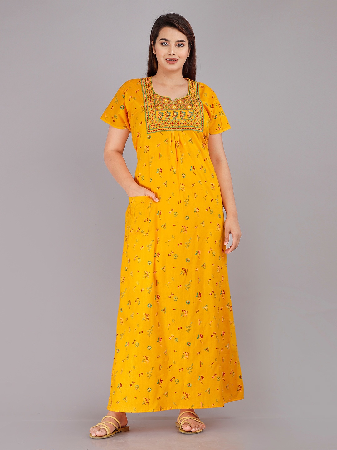 MAYA PRINT Ethnic Motifs Printed And Embroidered Pure Cotton Maxi Nightdress, Yellow
MAYA PRINT Ethnic Motifs Printed And Embroidered Pure Cotton Maxi Nightdress, Yellow