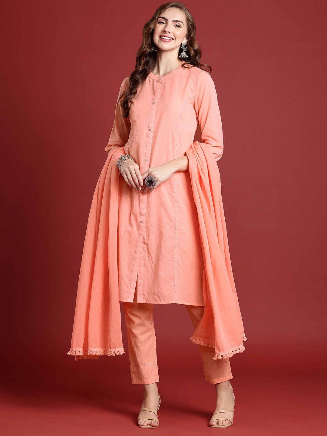 Anouk Women Woven Design Sequinned Pure Cotton Kurta with Trousers & With Dupatta, Peach
Anouk Women Woven Design Sequinned Pure Cotton Kurta with Trousers & With Dupatta, Peach