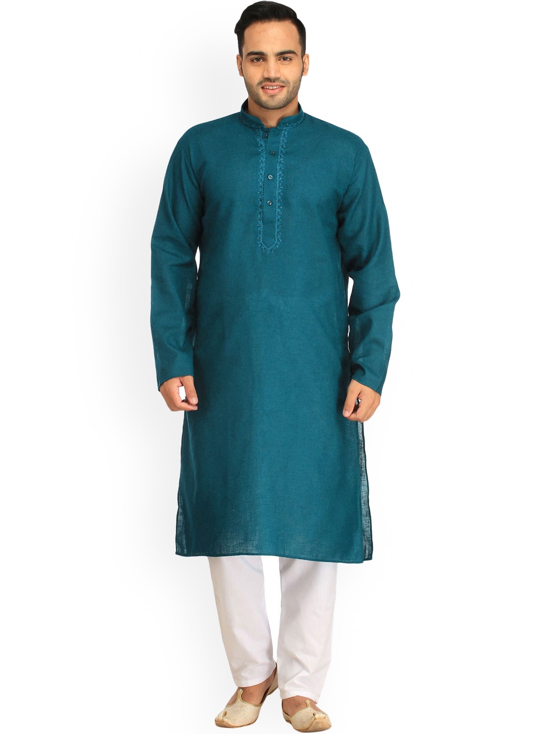 Exotic India Mandarin Collar Regular Thread Work Pure Cotton Straight Kurta with Pyjamas, Blue
Exotic India Mandarin Collar Regular Thread Work Pure Cotton Straight Kurta with Pyjamas, Blue
