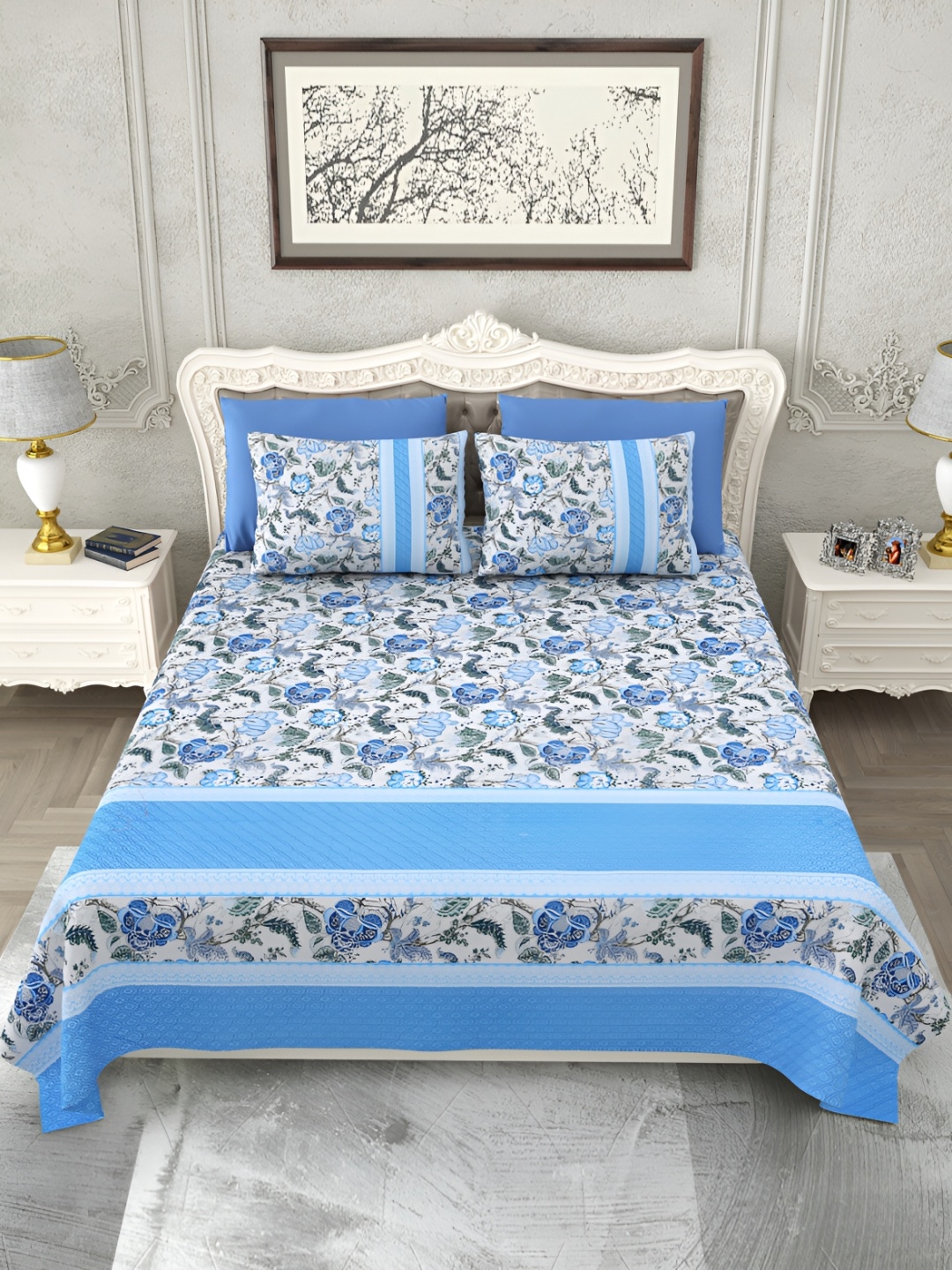 SHOOLIN Blue & Grey Floral Printed Cotton 162 TC King Bedsheet With 2 Pillow Covers
SHOOLIN Blue & Grey Floral Printed Cotton 162 TC King Bedsheet With 2 Pillow Covers