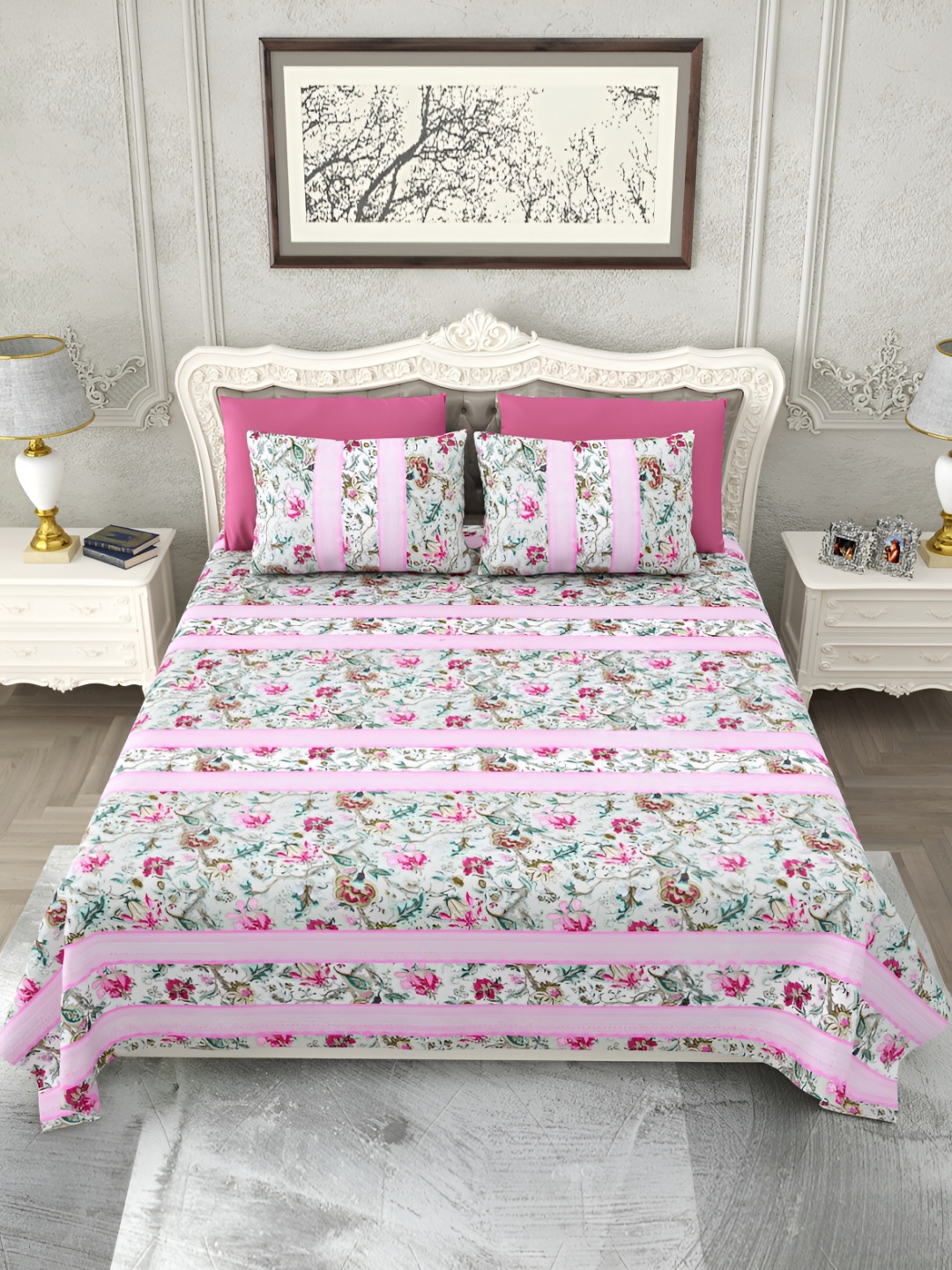 SHOOLIN Pink & Green Floral Printed Cotton 162 TC King Bedsheet With 2 Pillow Covers
SHOOLIN Pink & Green Floral Printed Cotton 162 TC King Bedsheet With 2 Pillow Covers