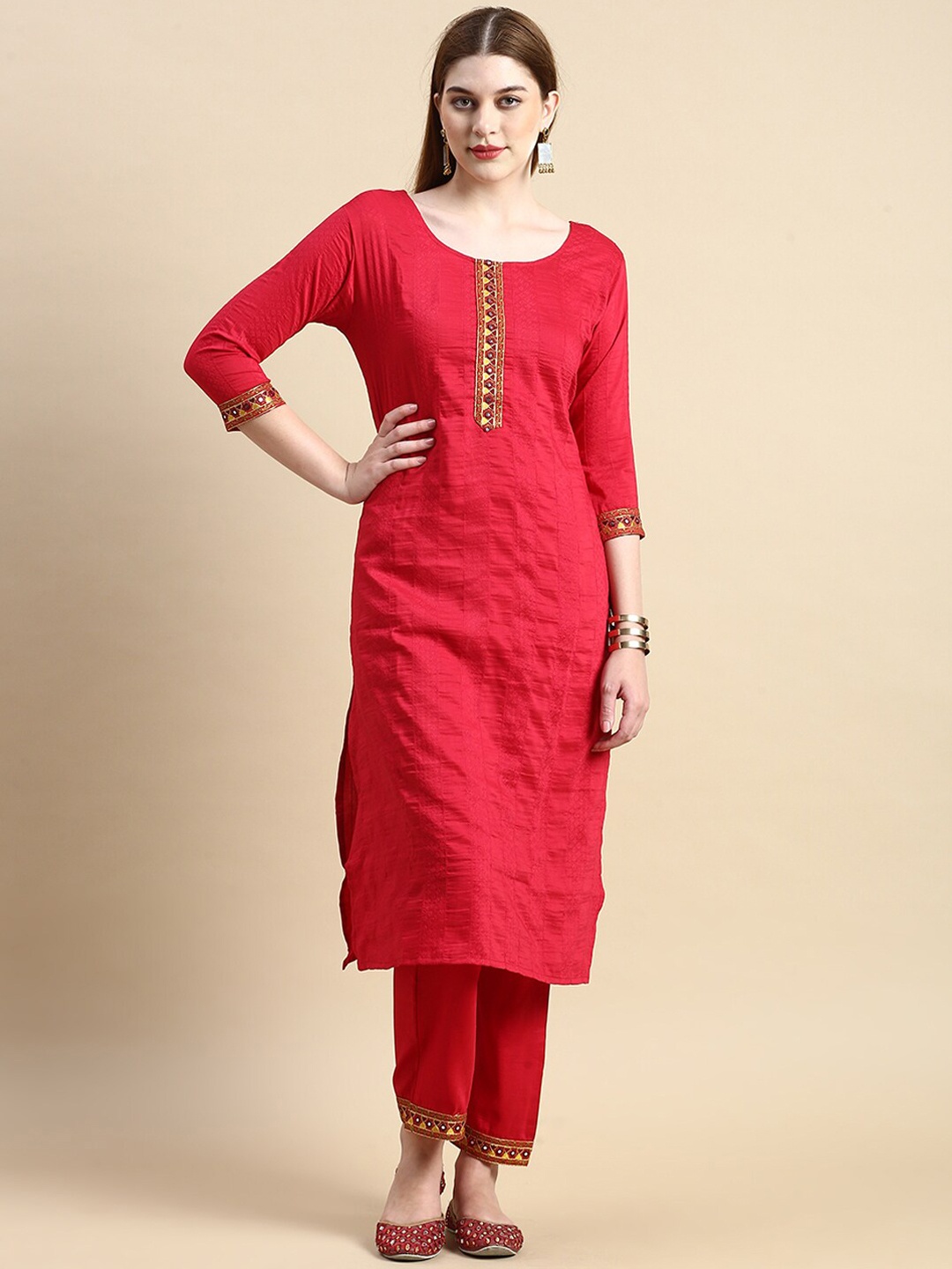GRANTH FASHION Geometric Yoke Design Mirror Work Pure Cotton Straight Kurta With Trouser, Red
GRANTH FASHION Geometric Yoke Design Mirror Work Pure Cotton Straight Kurta With Trouser, Red