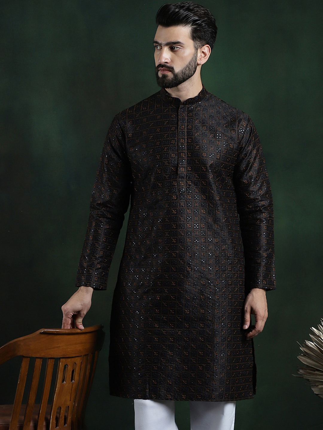 SOJANYA LUXE Floral Embroidered Mandarin Collar Sequins Cotton Silk Straight Kurta, Black
SOJANYA LUXE Floral Embroidered Mandarin Collar Sequins Cotton Silk Straight Kurta, Black