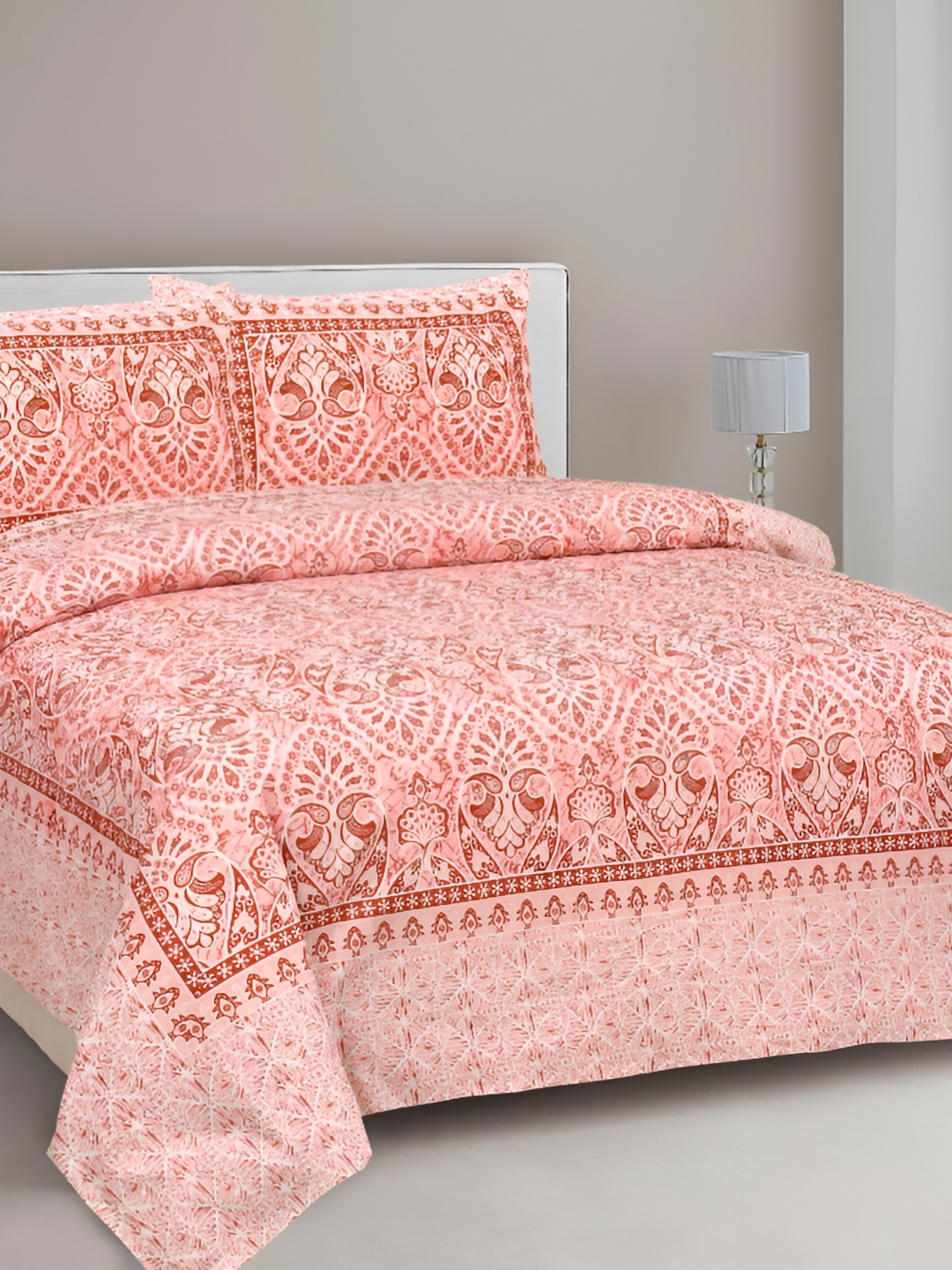 Lali Prints Peach & White Ethnic Motifs 210 TC Cotton King Bedsheet with 2 Pillow Covers
Lali Prints Peach & White Ethnic Motifs 210 TC Cotton King Bedsheet with 2 Pillow Covers
